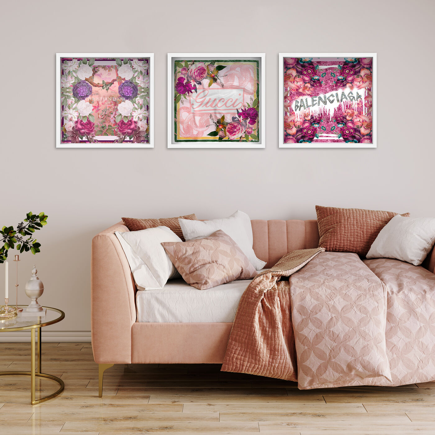 Pink Cube Floral Set of 3 - Displayed on a Shadowbox