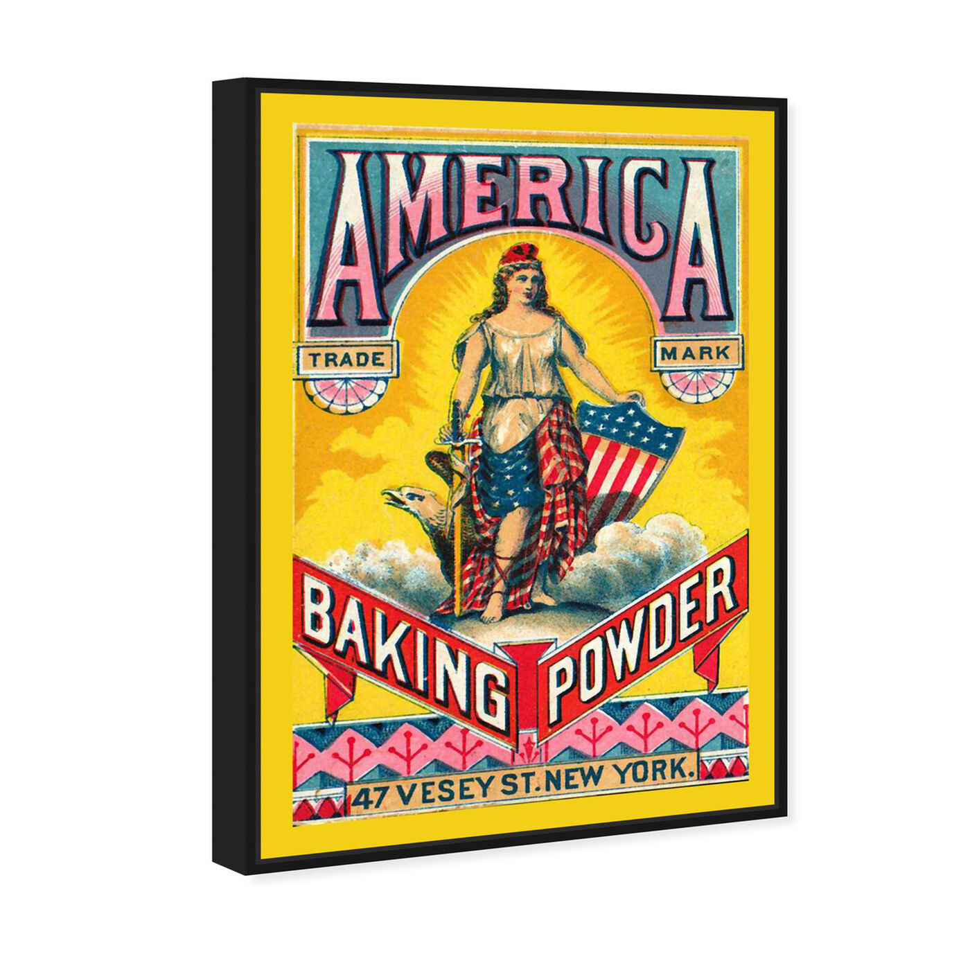 Angled view of America Baking Powder featuring advertising and promotional brands art.