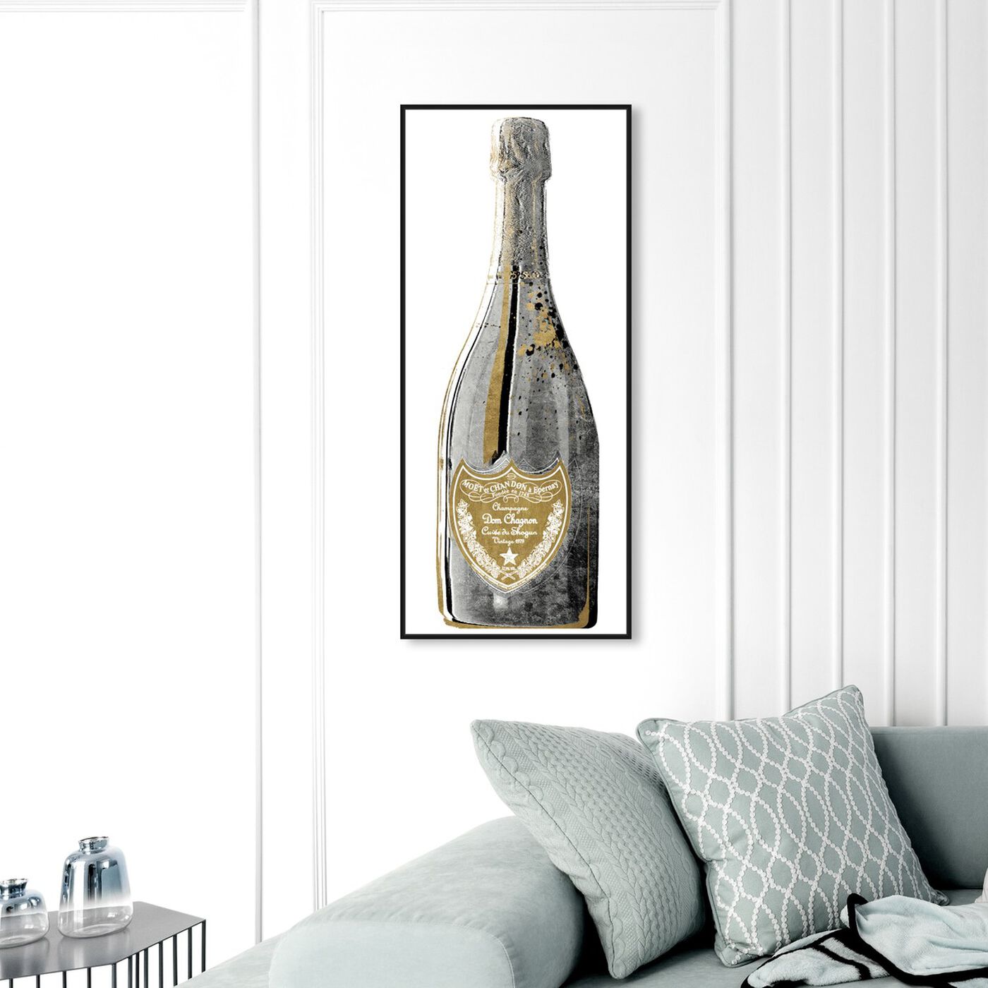 Hanging view of Dom Gold Die Cut featuring drinks and spirits and champagne art.