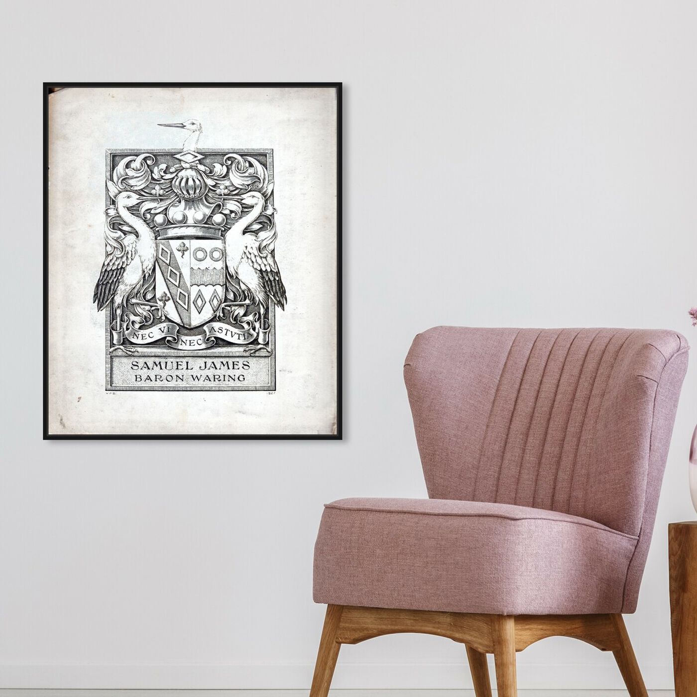 Hanging view of Armorial Engravings III featuring symbols and objects and calligraphy art.