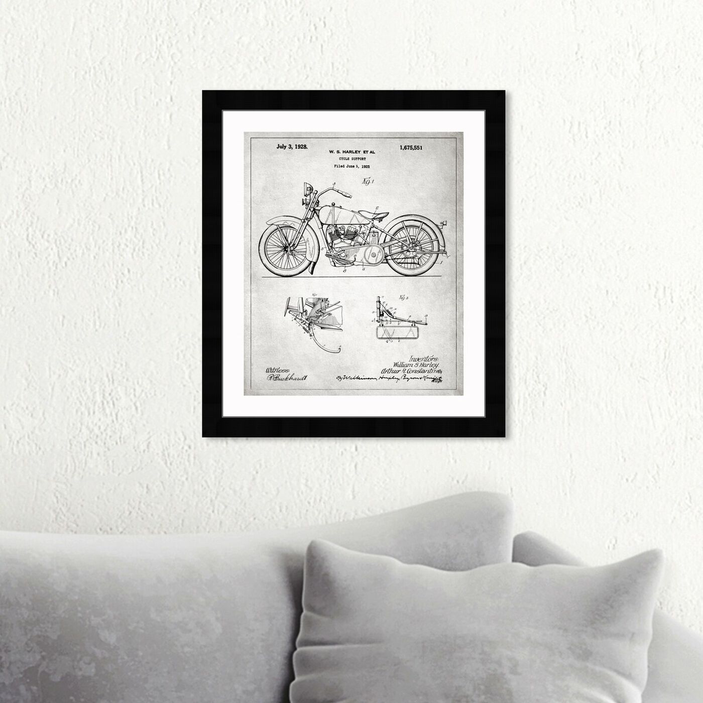 Hanging view of Harley, 1928 - Gray featuring transportation and motorcycles art.