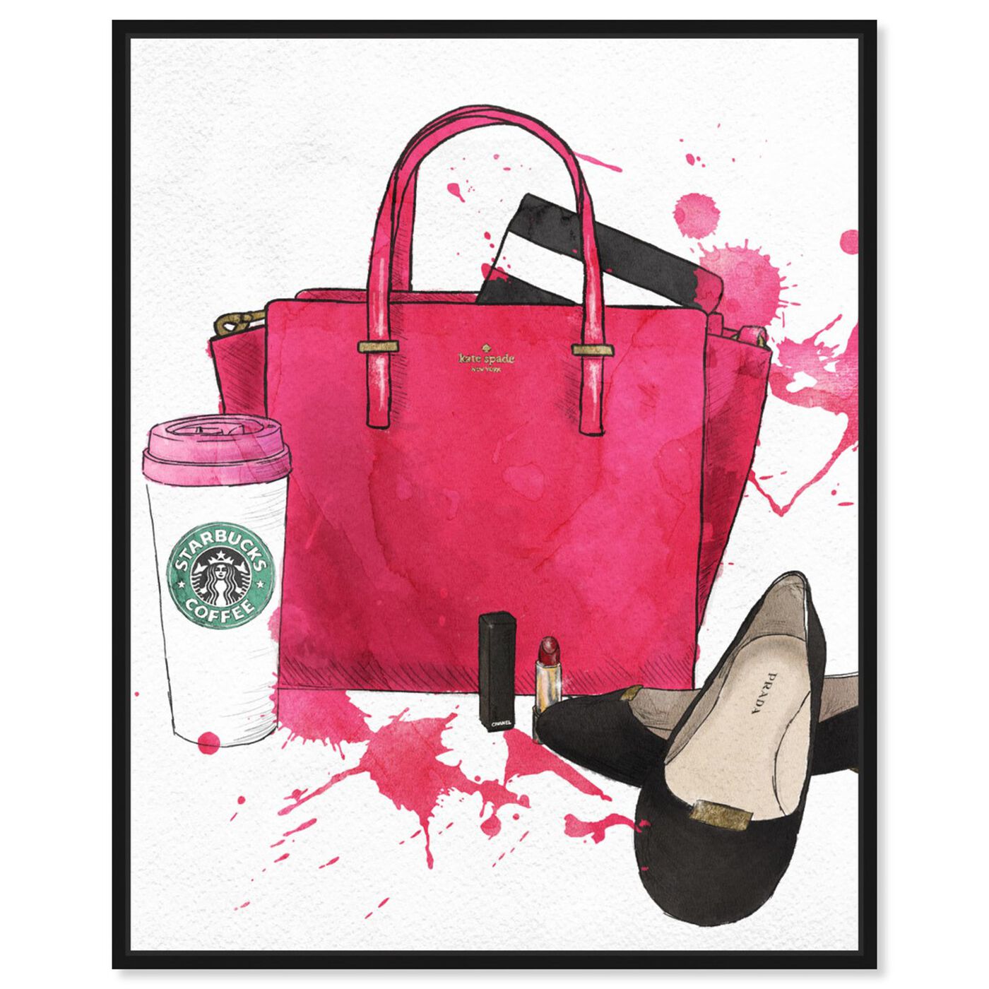 Front view of Bags, Shoes, and Coffee featuring fashion and glam and handbags art.