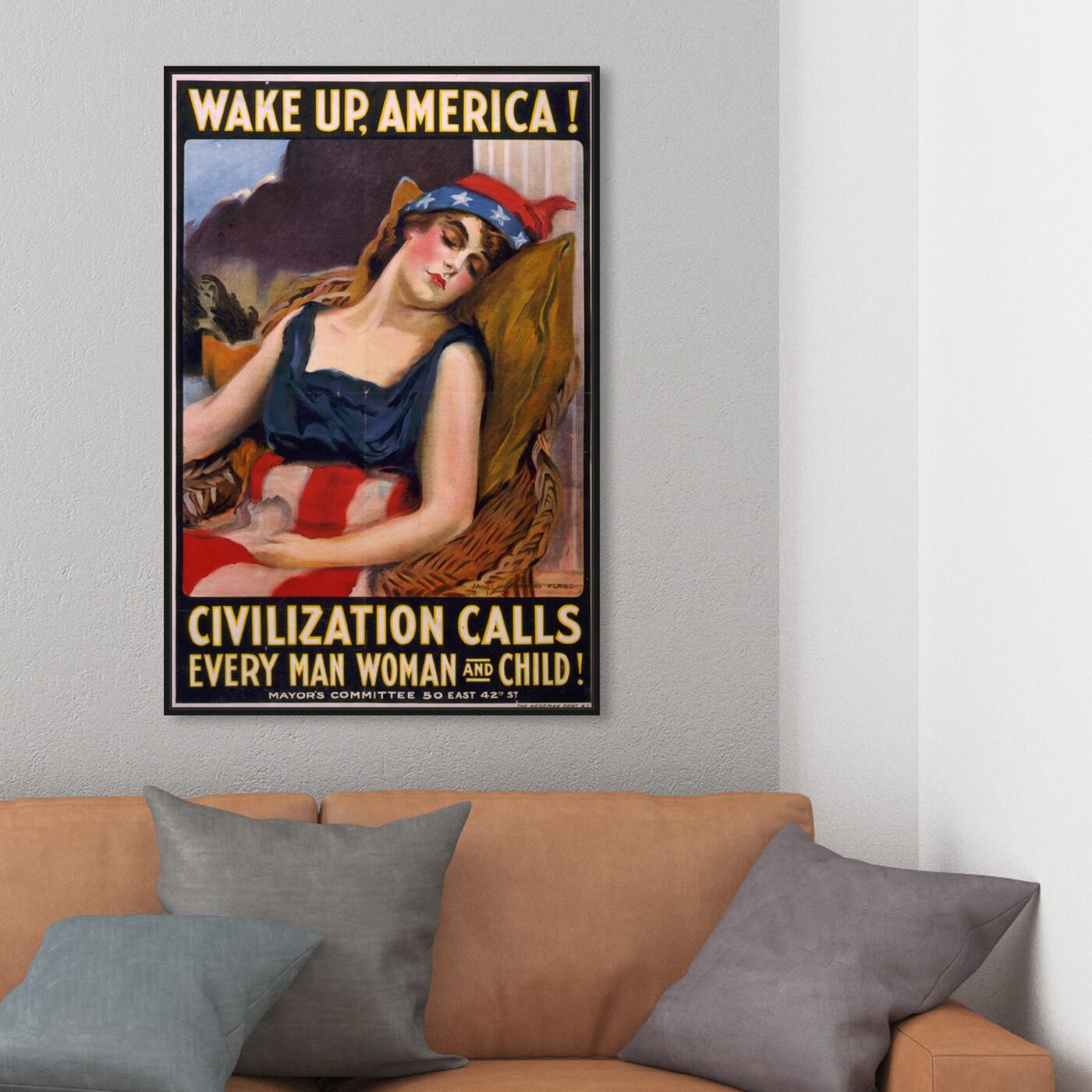 Hanging view of Wake Up America 1917 featuring advertising and posters art.