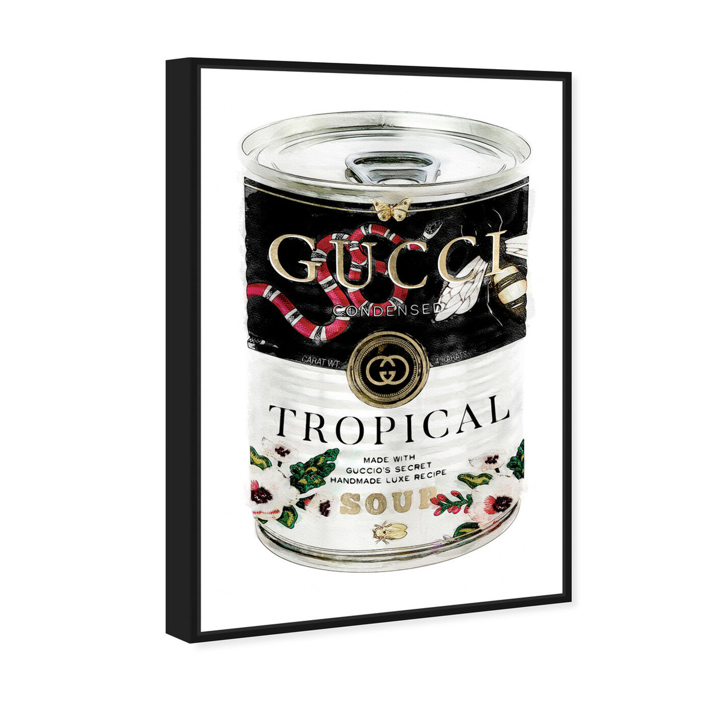 Angled view of Italian Luxe Soup featuring fashion and glam and soup can art.
