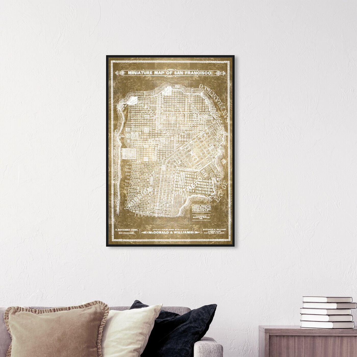 Hanging view of San Francisco Map White and Gold featuring maps and flags and us cities maps art.