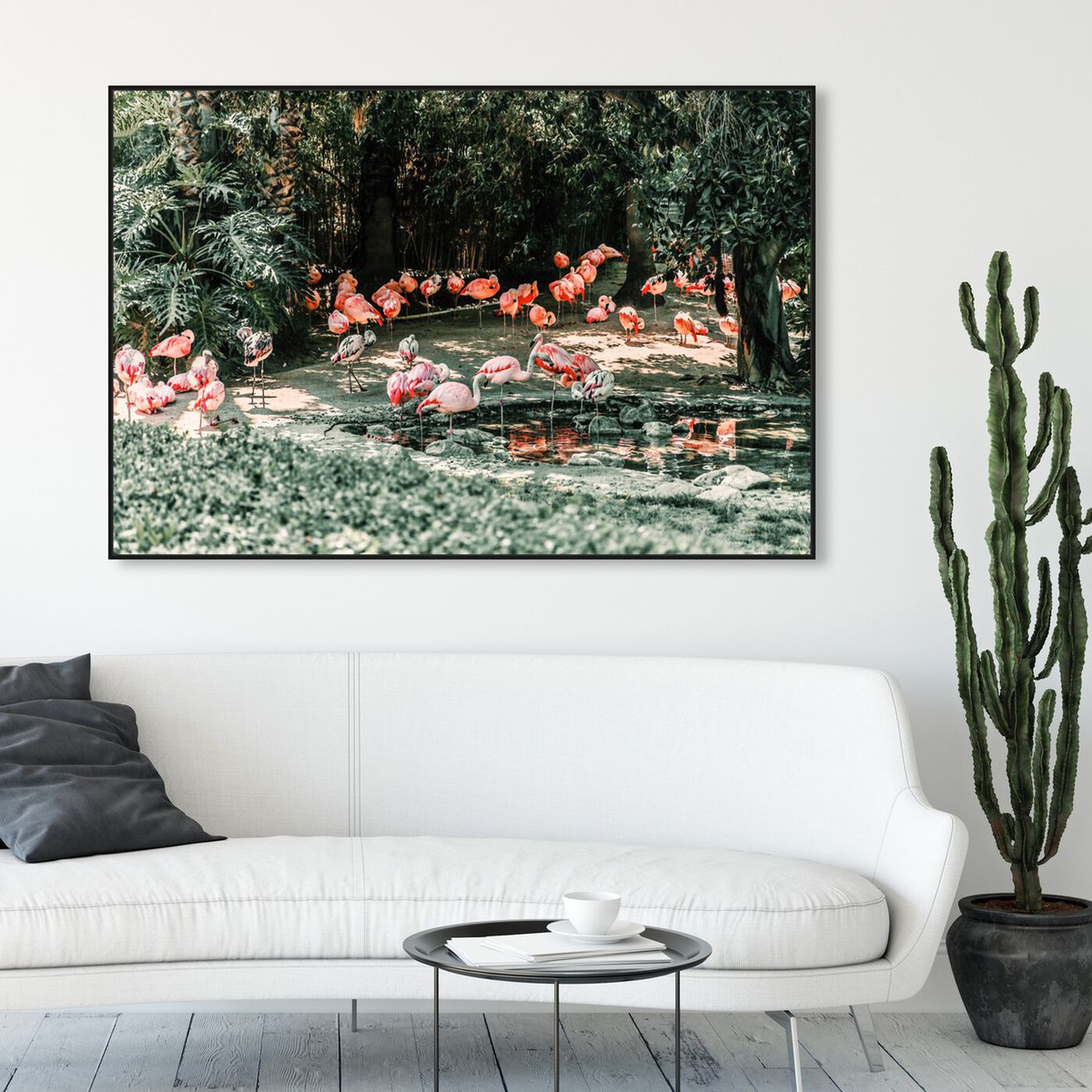 Hanging view of Flamingo Gathering featuring animals and birds art.