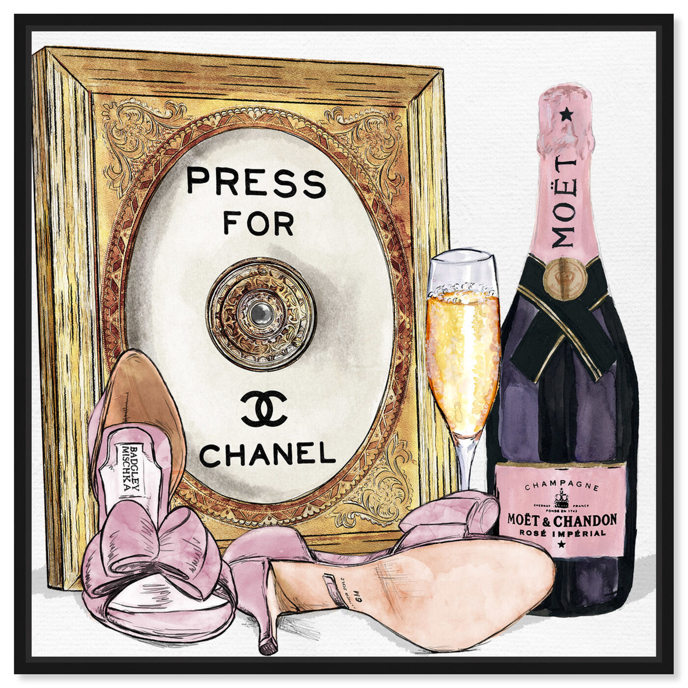 Front view of Champagne Cocktail featuring fashion and glam and road signs art.