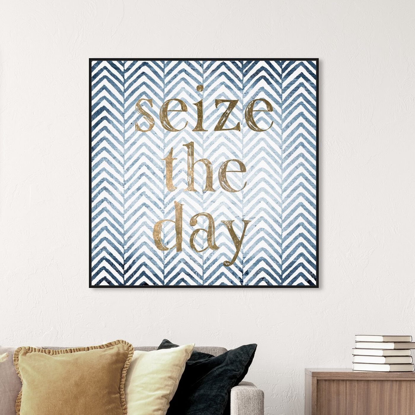Hanging view of Seize the Day Blue featuring typography and quotes and motivational quotes and sayings art.