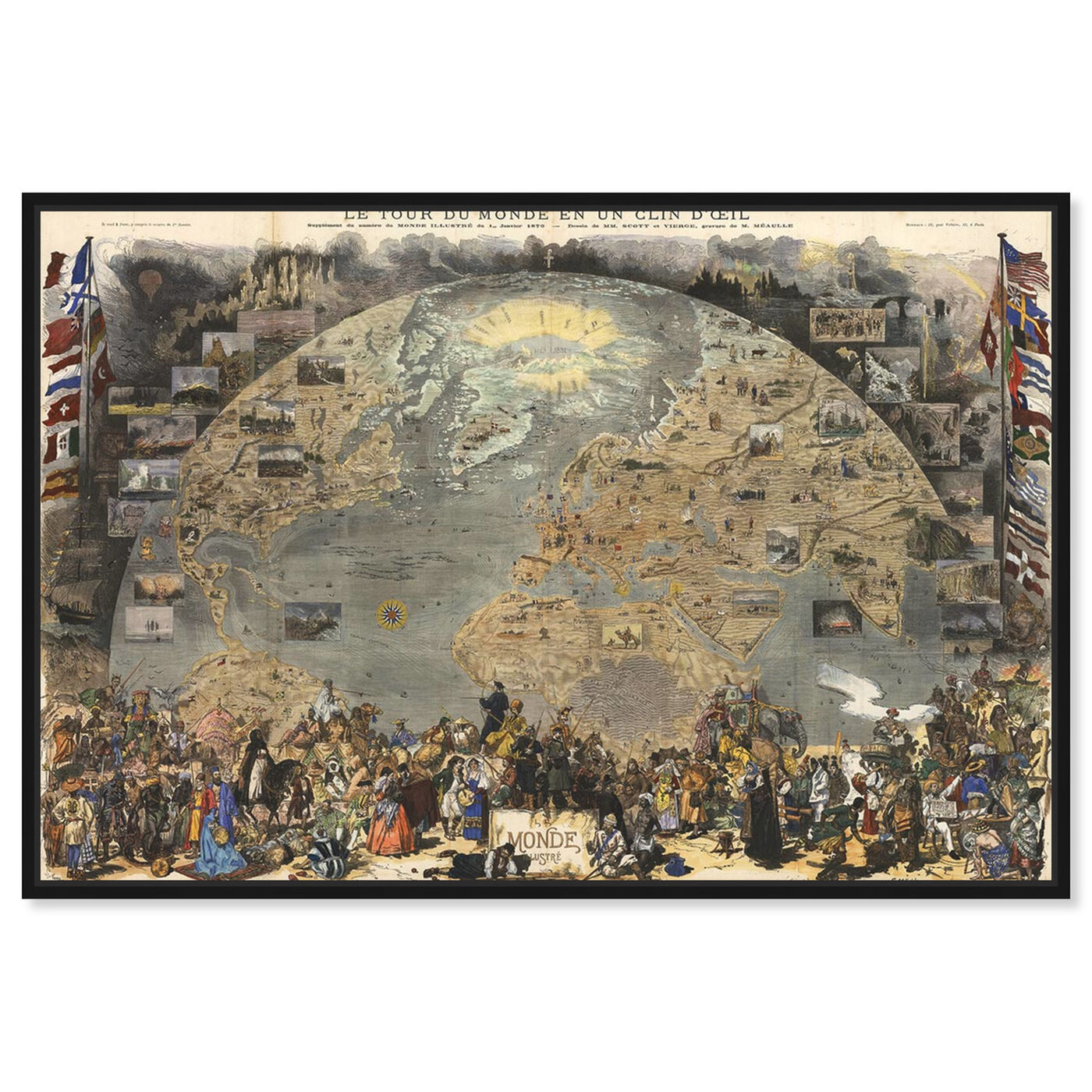 Front view of Le Tour De Monde Map 1876 featuring classic and figurative and renaissance art.