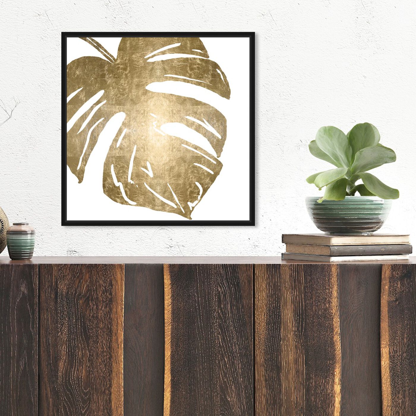 Hanging view of Tropical Leaves Square II Gold Metallic featuring floral and botanical and botanicals art.