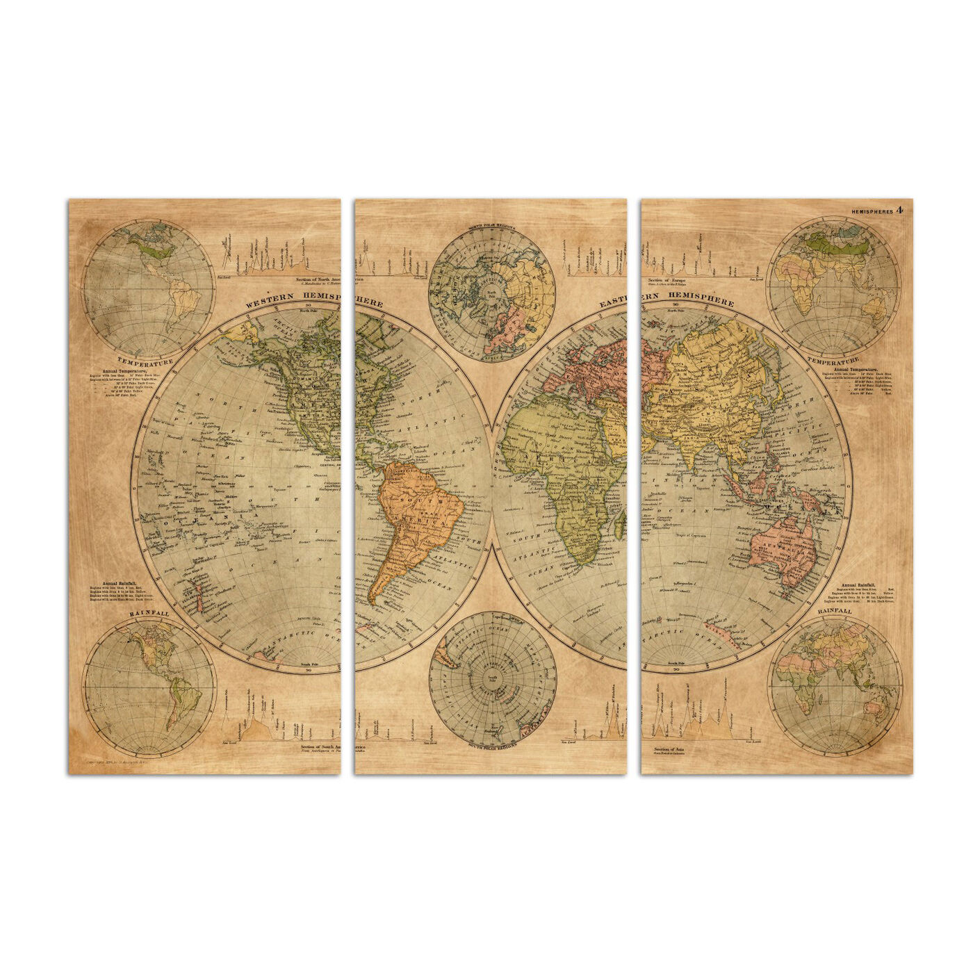 Hemispheres Map 1891 Triptych