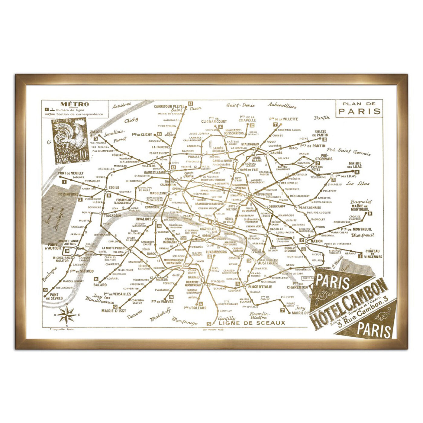 1956 Metro Map of Paris- Gold Metallic