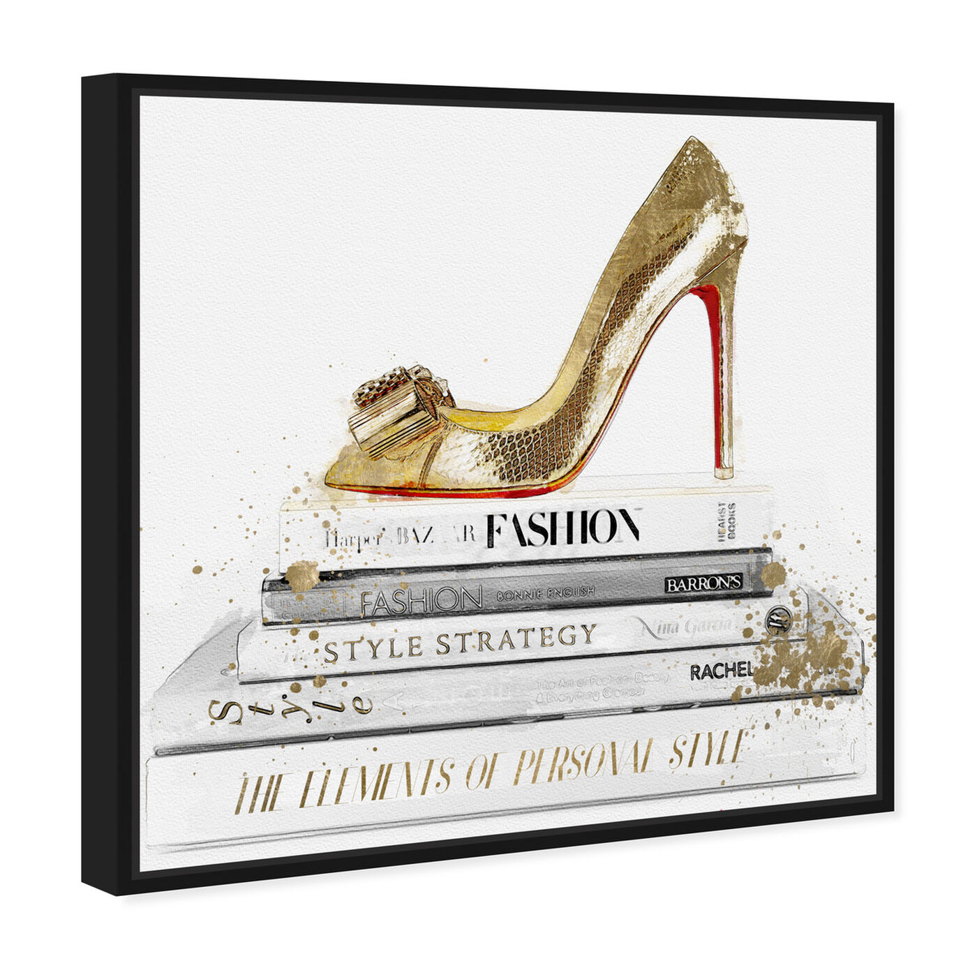 Angled view of Gold Shoe and Red Sole featuring fashion and glam and shoes art.