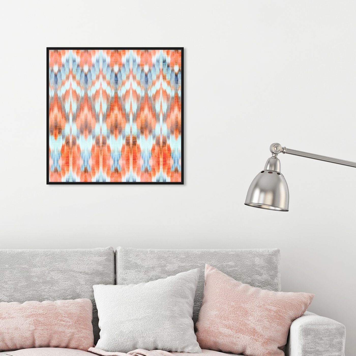 Hanging view of Peach Bellini With Blues featuring abstract and patterns art.