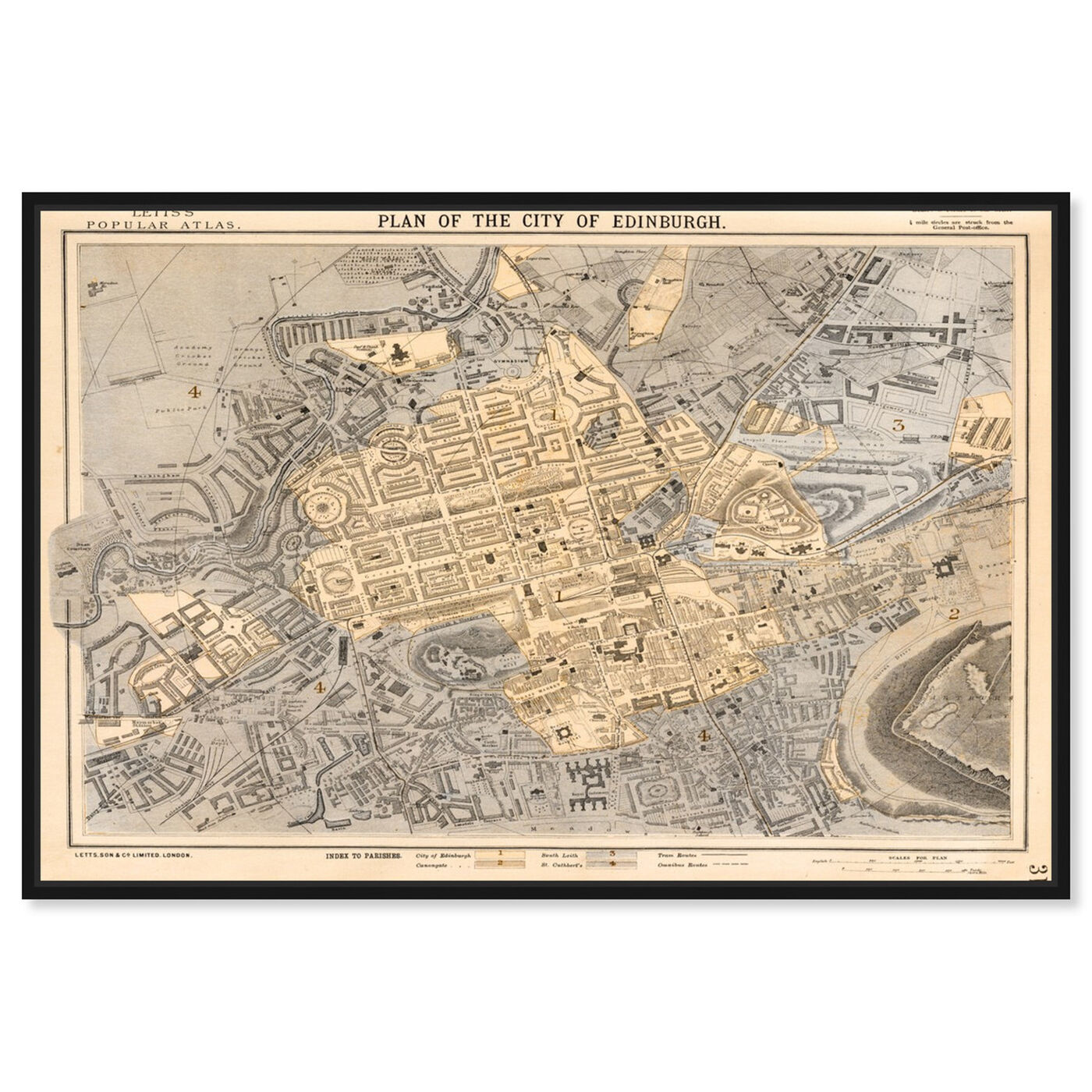 Front view of Edinburgh 1883 Map featuring maps and flags and european cities maps art.