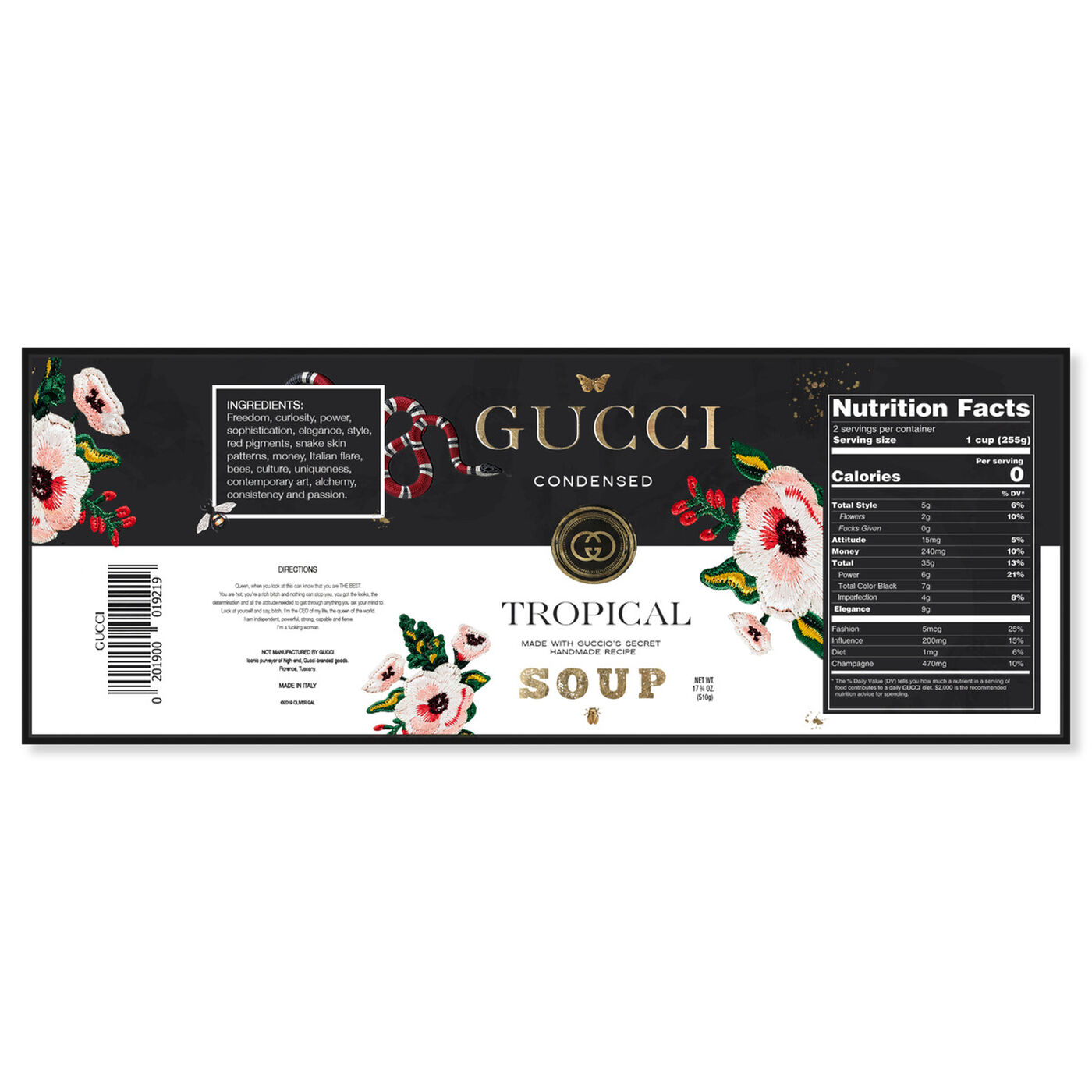 Front view of G Fashion Soup Label featuring fashion and glam and soup can art.