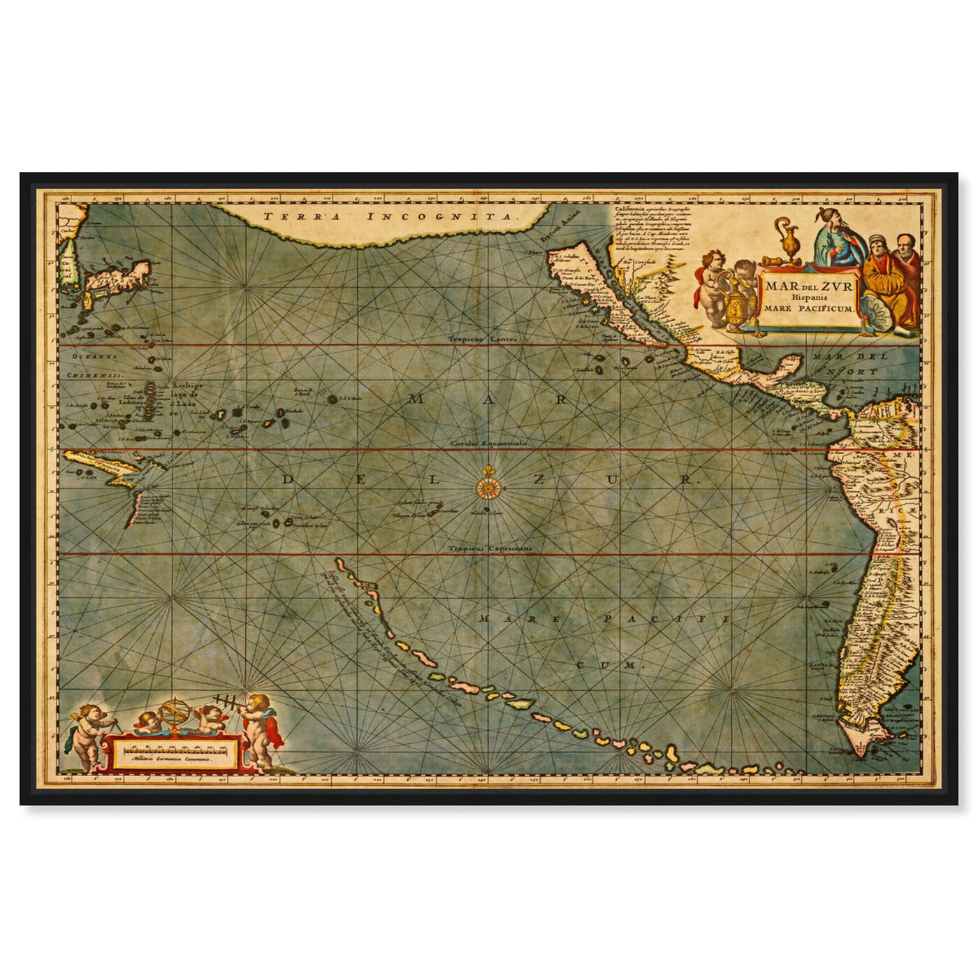 Front view of Mare Pacificum Map 1600s featuring maps and flags and nautical maps art.