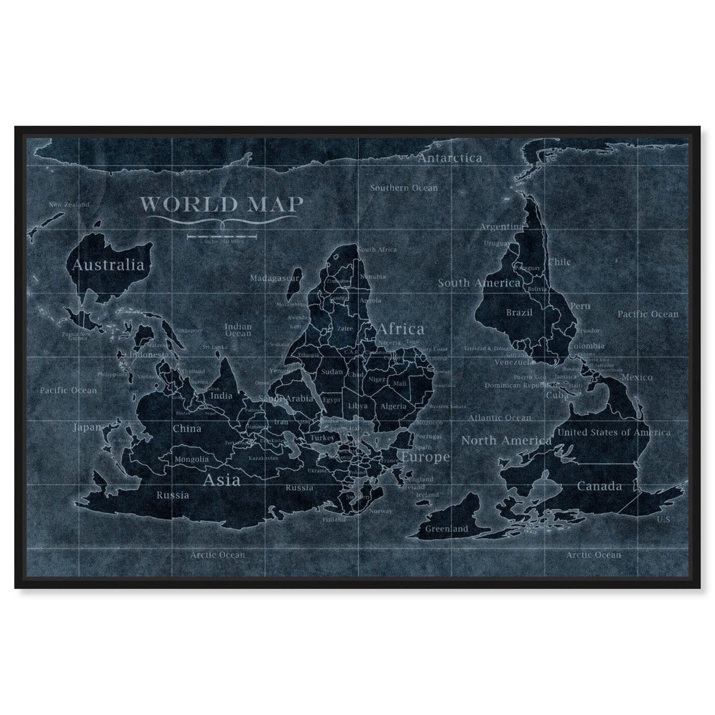 Front view of Upside-Down Map of the World Noir featuring maps and flags and world maps art.