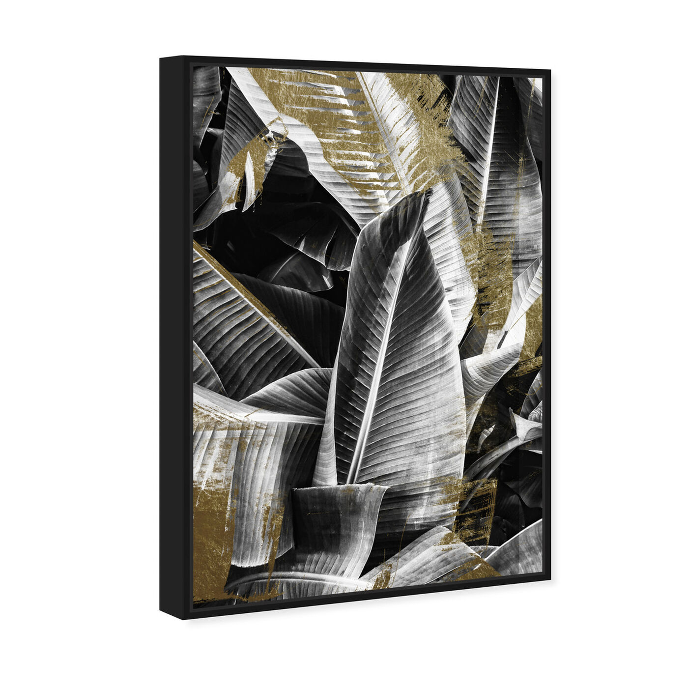 Angled view of Banana Leaf Night Gold featuring floral and botanical and botanicals art.