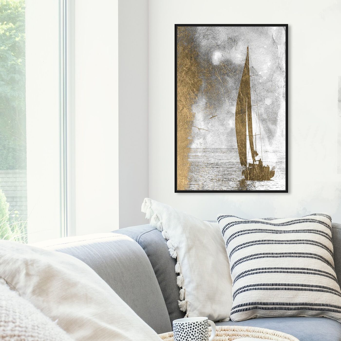 Hanging view of Sails Of Gold Luxe featuring nautical and coastal and nautical watercrafts art.