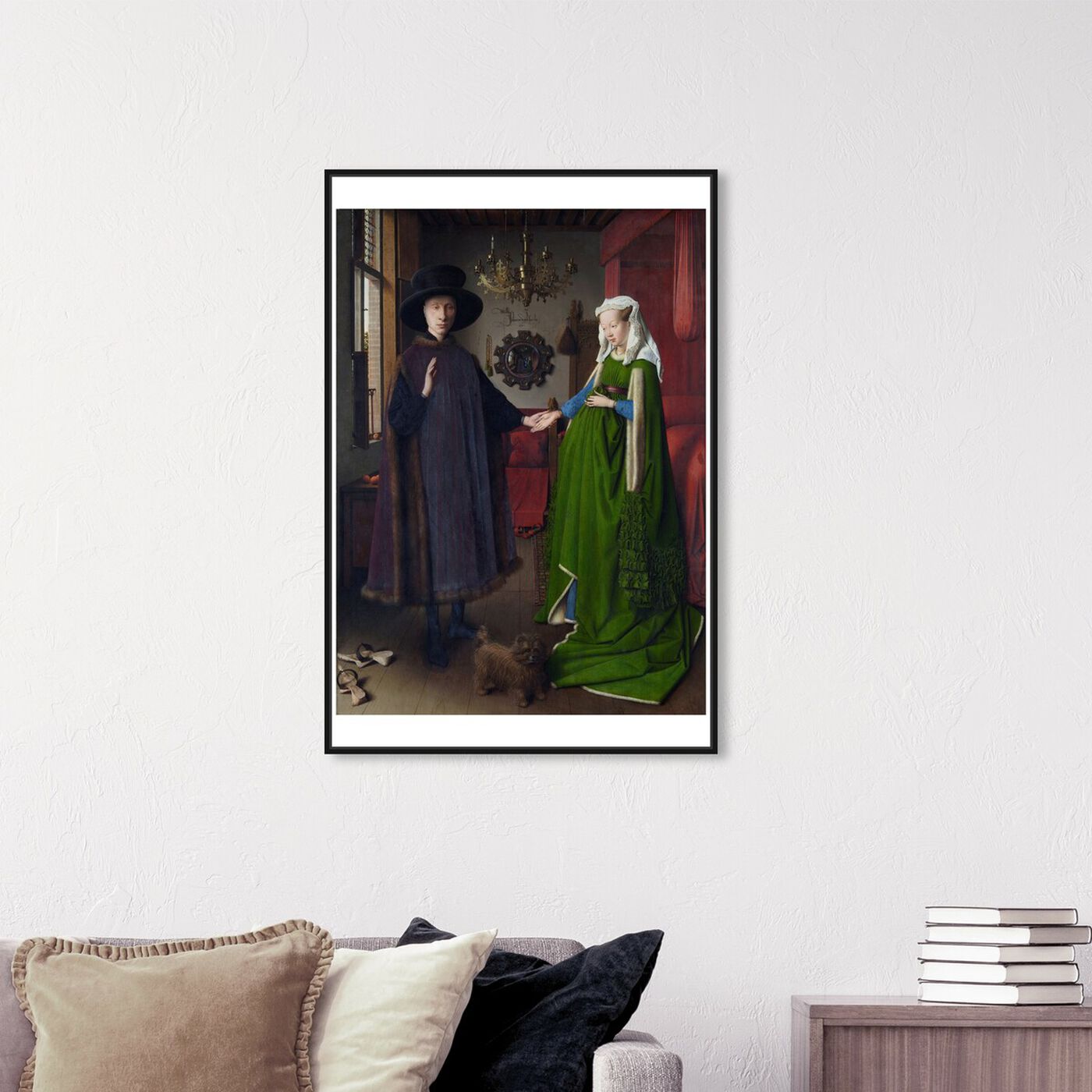 Hanging view of Van Eyck - Arnolfini Portrait featuring classic and figurative and renaissance art.