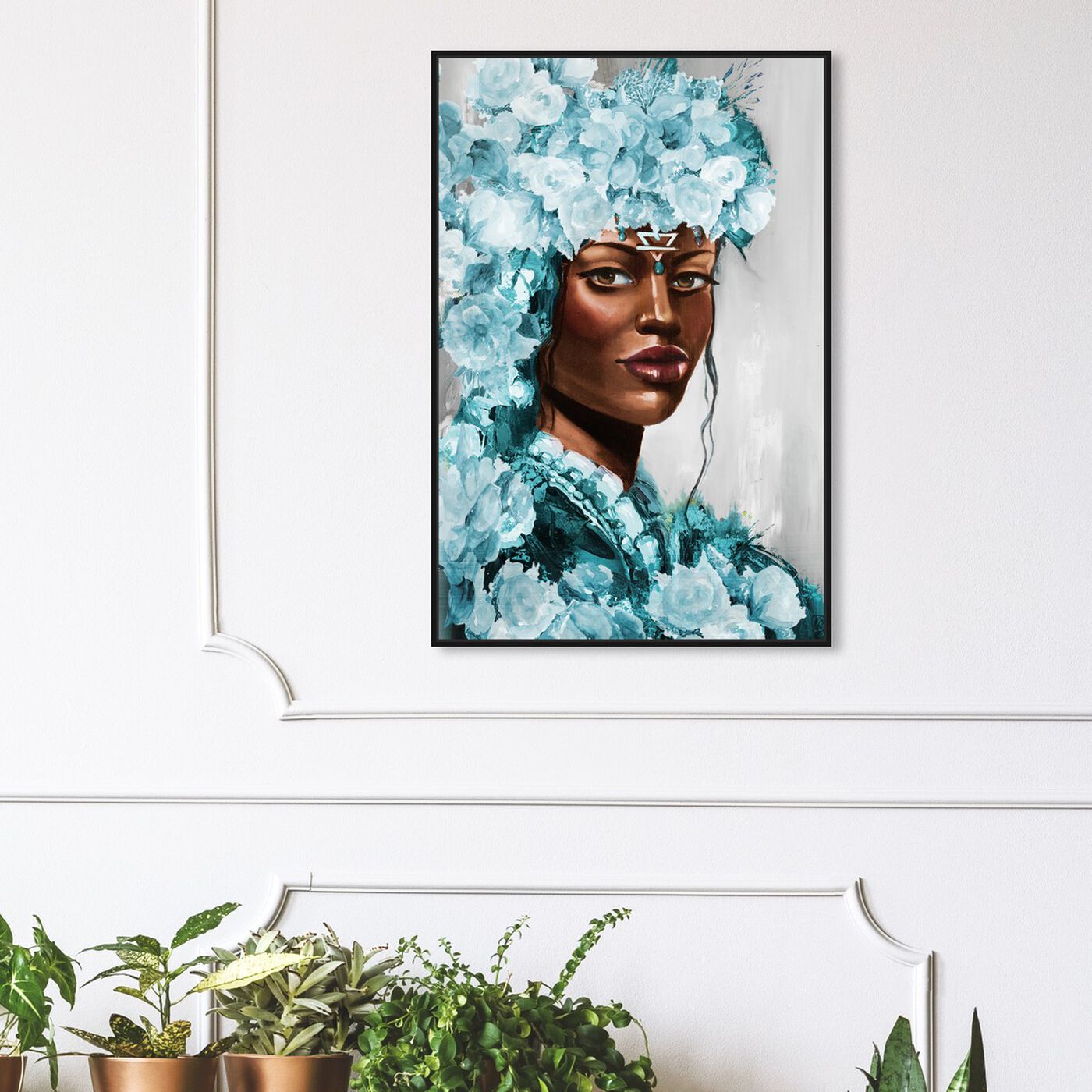Hanging view of Flower Queen Teal featuring people and portraits and portraits art.