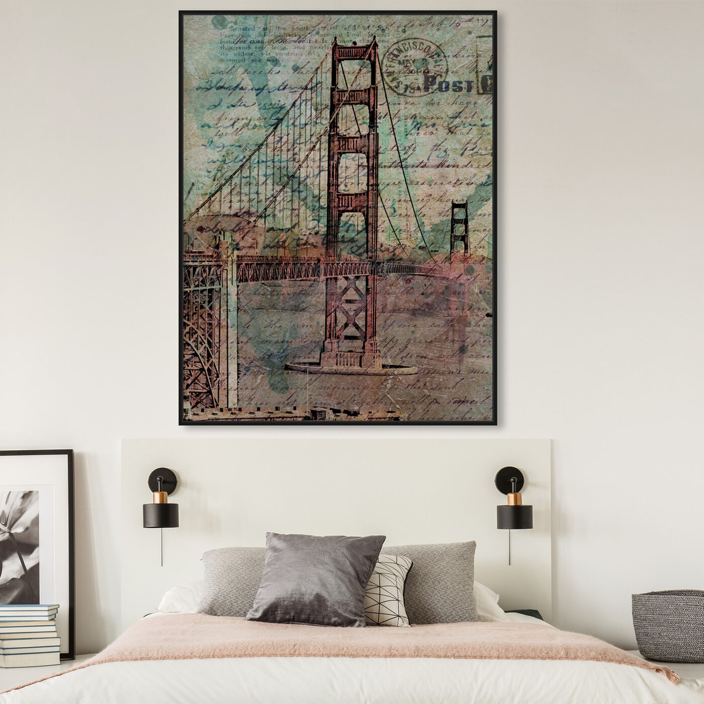 Hanging view of San Francisco Bridge featuring architecture and buildings and famous bridges art.