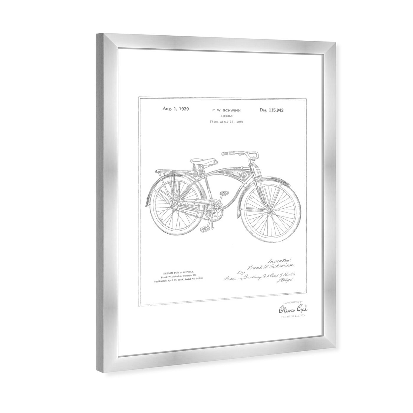 Angled view of Schwinn Bicycle, Silver Foil featuring transportation and bicycles art.
