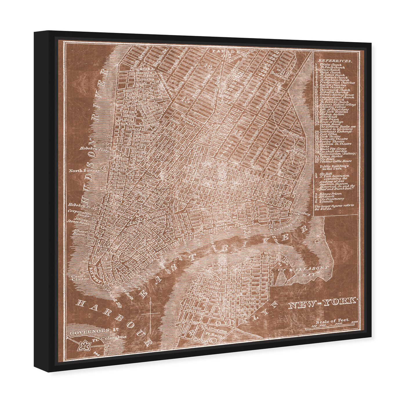Angled view of New York Map Copper featuring maps and flags and us cities maps art.