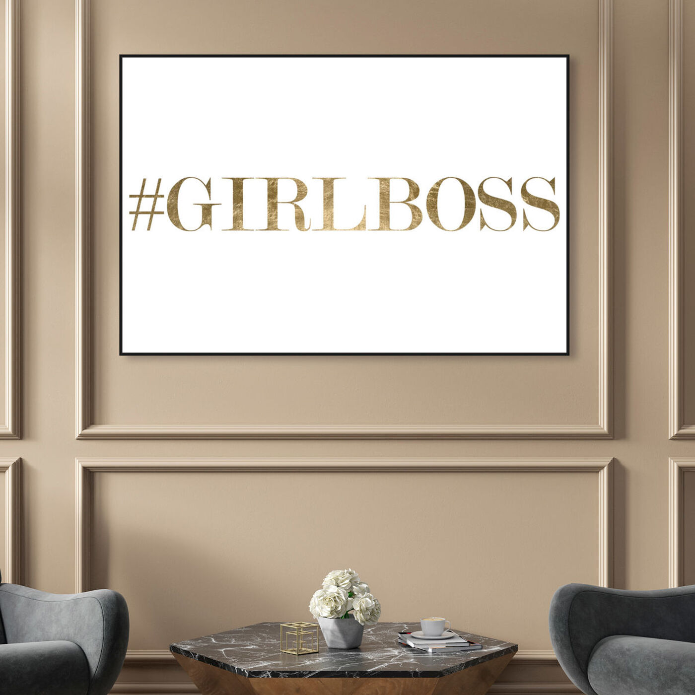 Hanging view of Girlboss featuring typography and quotes and empowered women quotes and sayings art.
