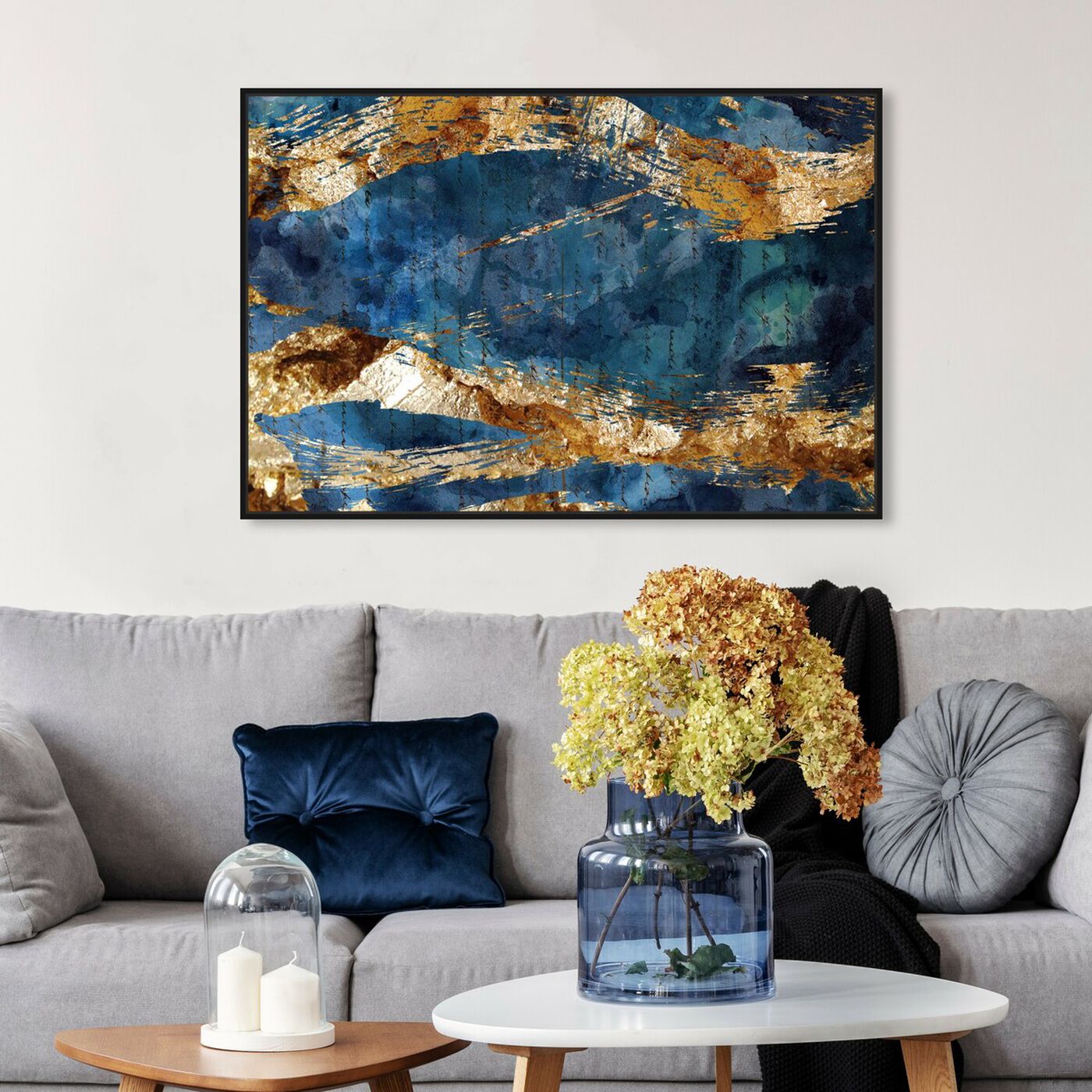 Hanging view of Marea Alta - Signature Collection featuring abstract and watercolor art.