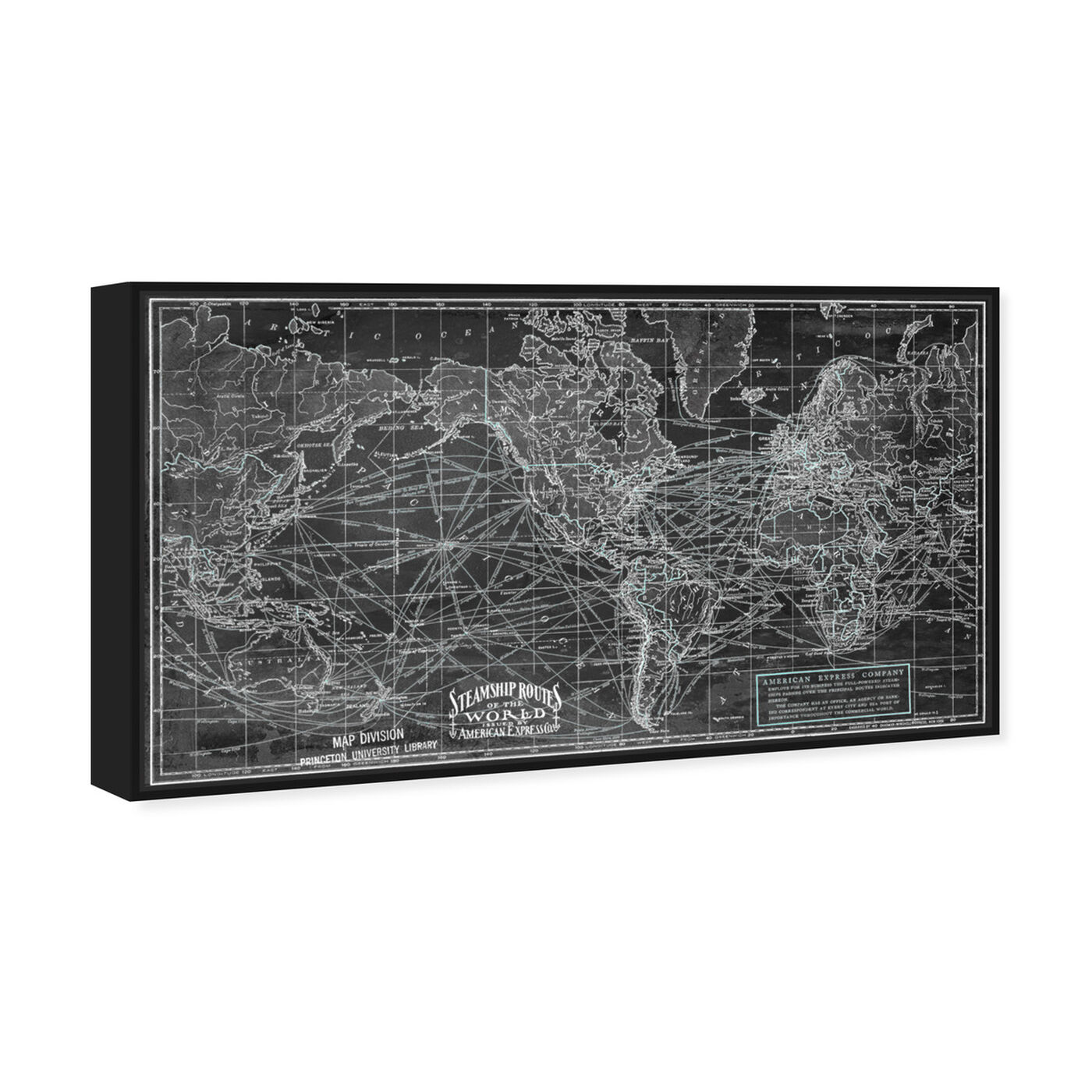 Angled view of Steamship Routes of the World featuring maps and flags and world maps art.