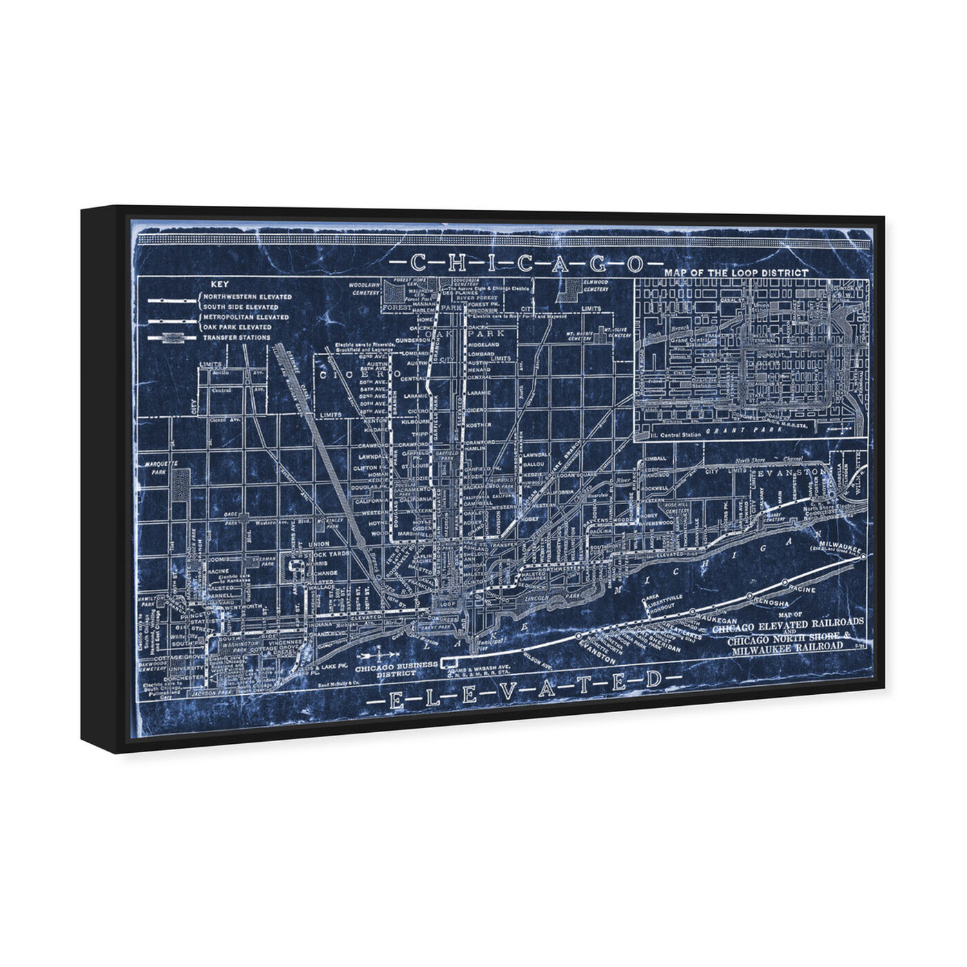 Angled view of Chicago Railroad Blueprint Map featuring maps and flags and us cities maps art.