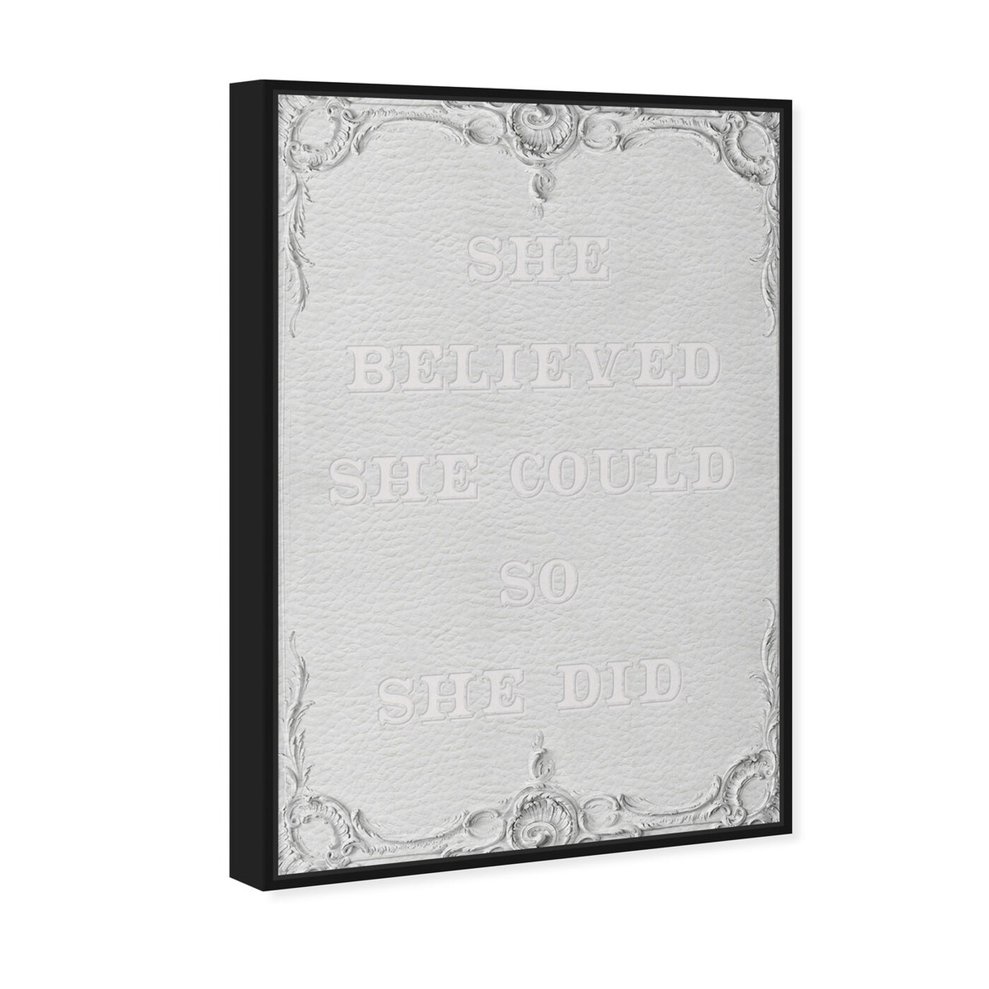 Angled view of She Did White Leather featuring typography and quotes and empowered women quotes and sayings art.