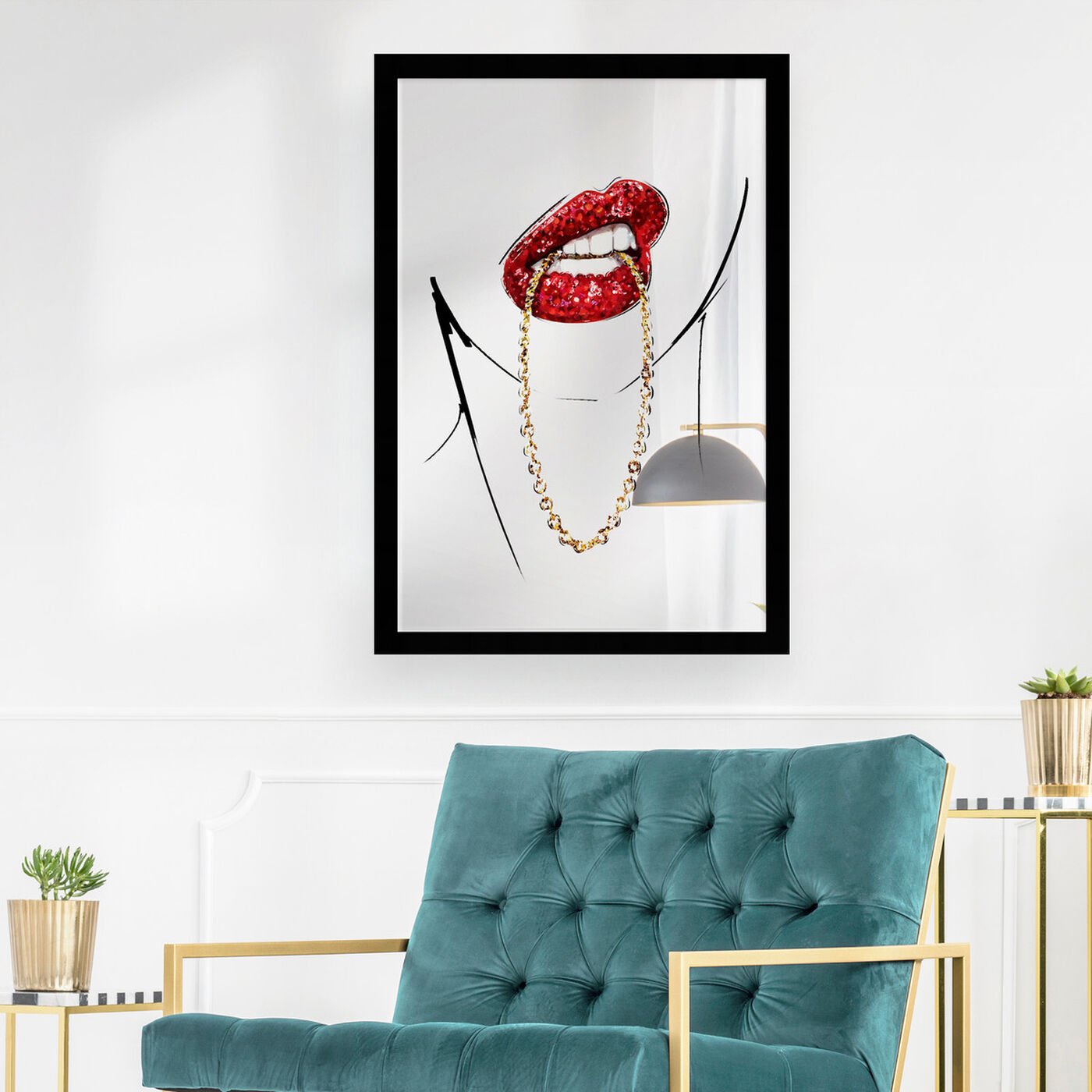 Hanging view of Famed Rich Fabulous Mirror featuring fashion and glam and lips art.