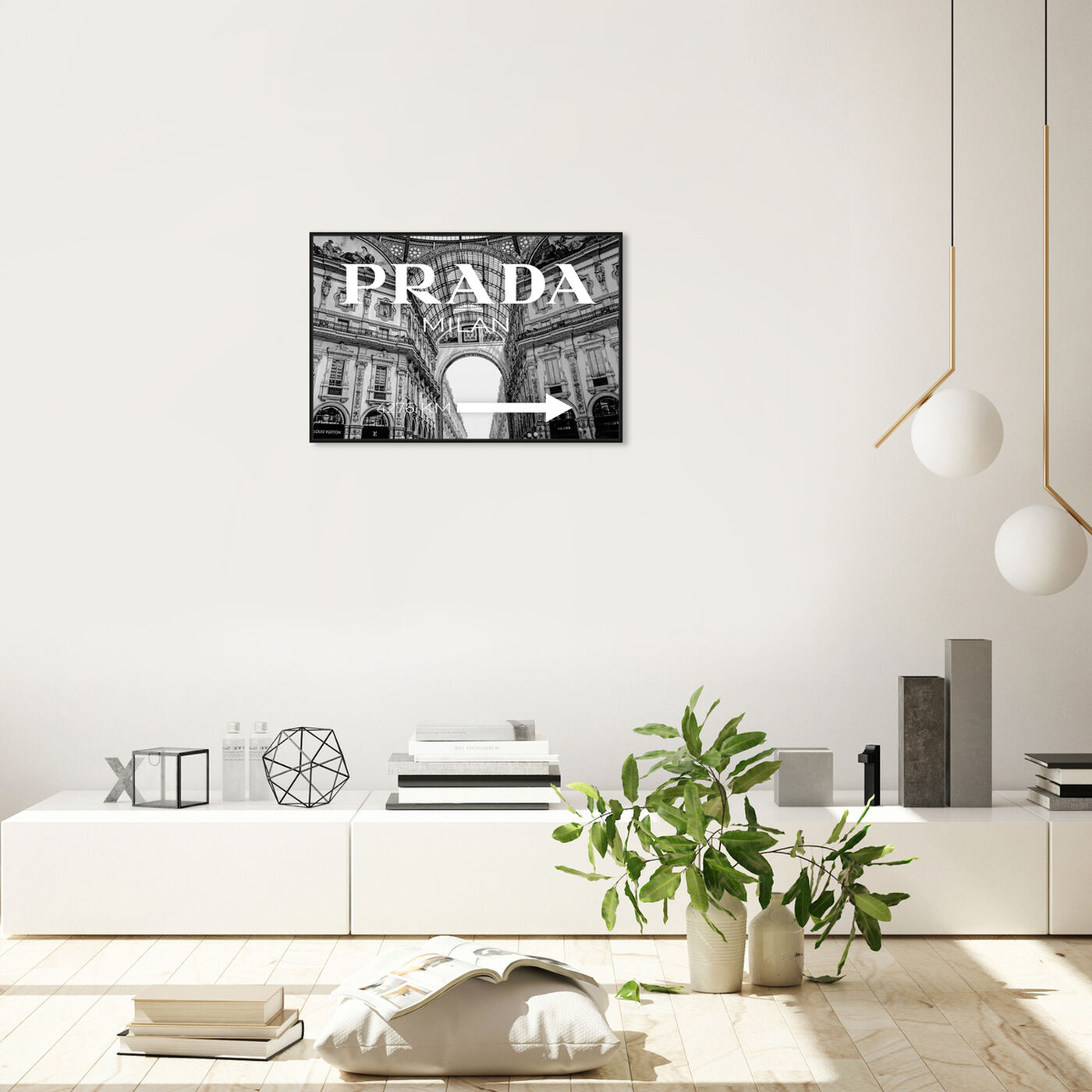 Hanging view of Milan Galleria Roadsign Noir featuring fashion and glam and road signs art.