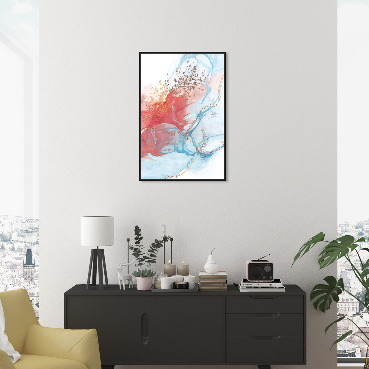 Hanging view of Golden Dots II featuring abstract and watercolor art.