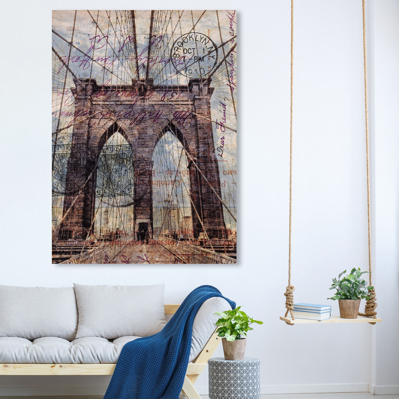 Hanging view of Brooklyn Bridge featuring architecture and buildings and famous bridges art.