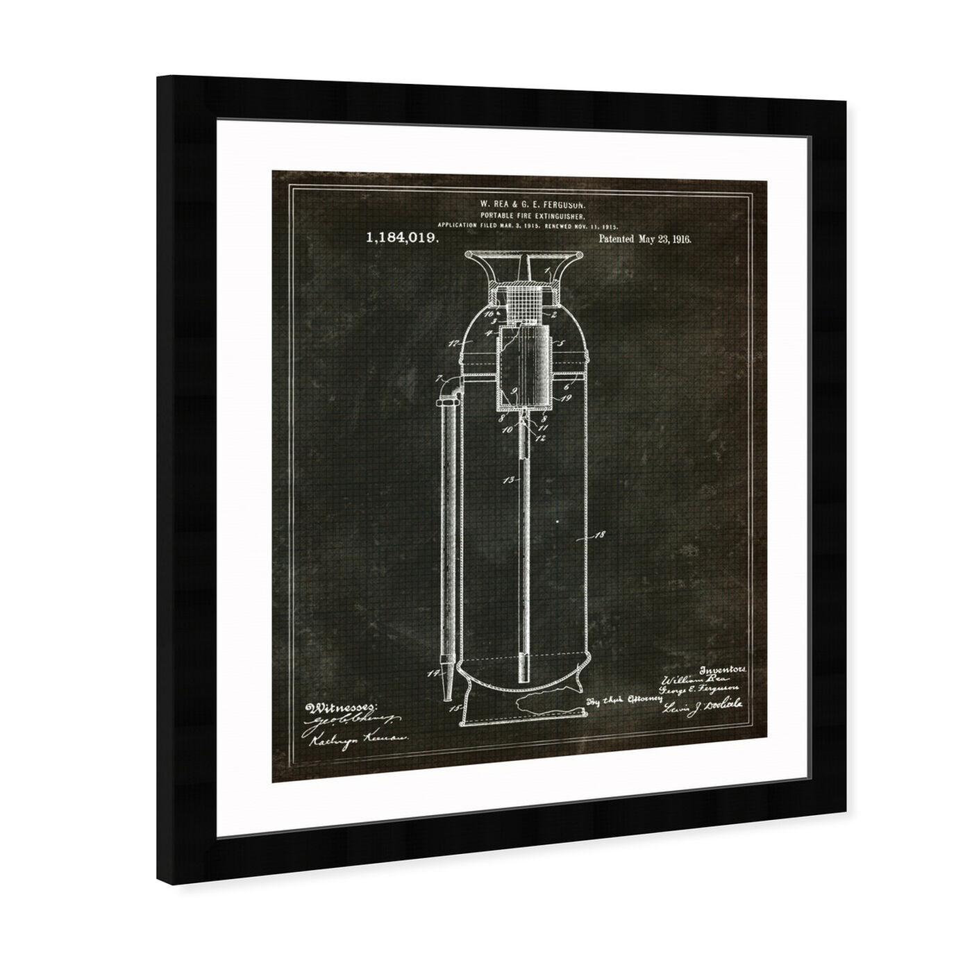 Angled view of Portable Fire Extinguisher 1916 featuring symbols and objects and shapes art.
