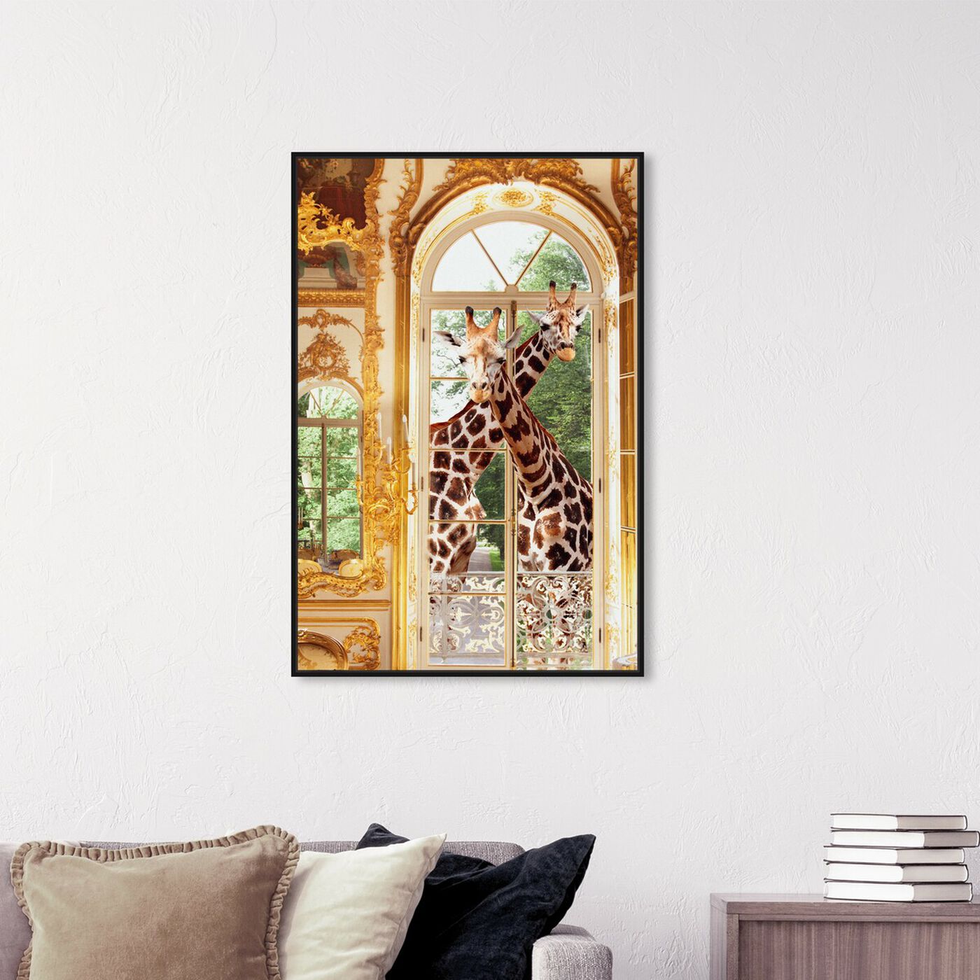 Hanging view of Giraffes Joined For Breakfast featuring animals and zoo and wild animals art.