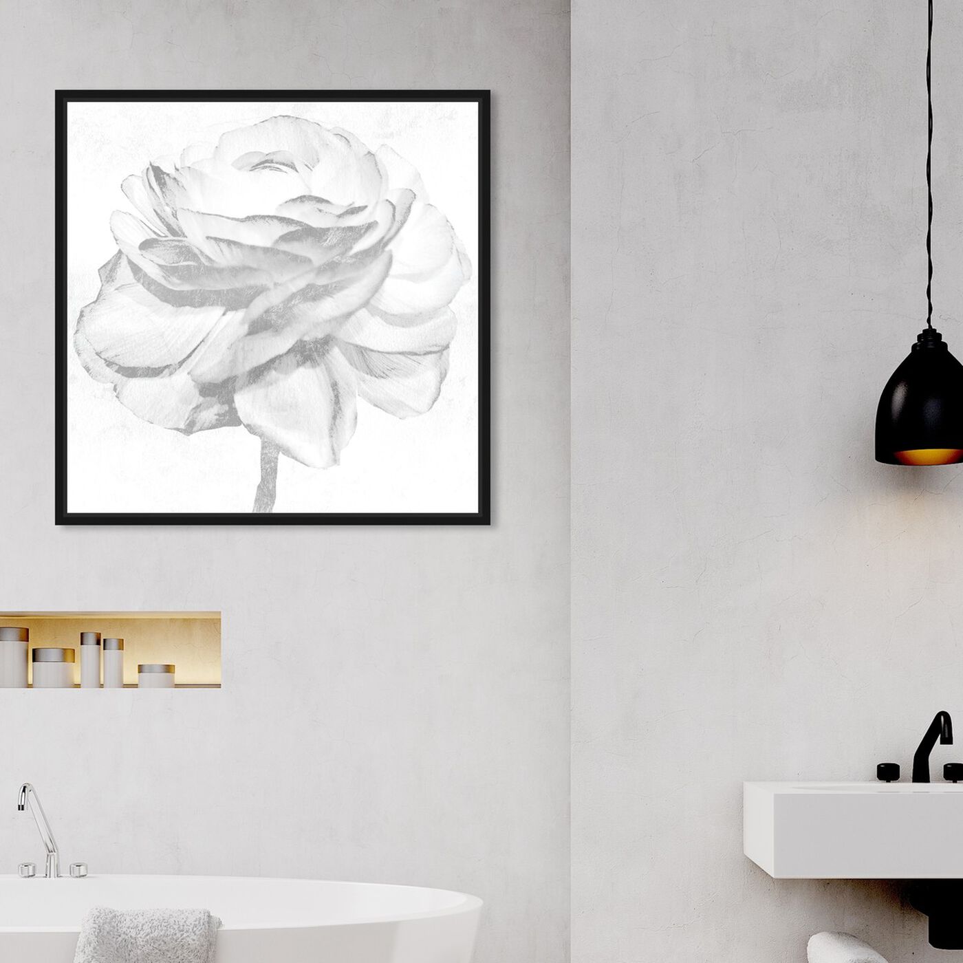 Hanging view of White Silver Peony featuring floral and botanical and florals art.