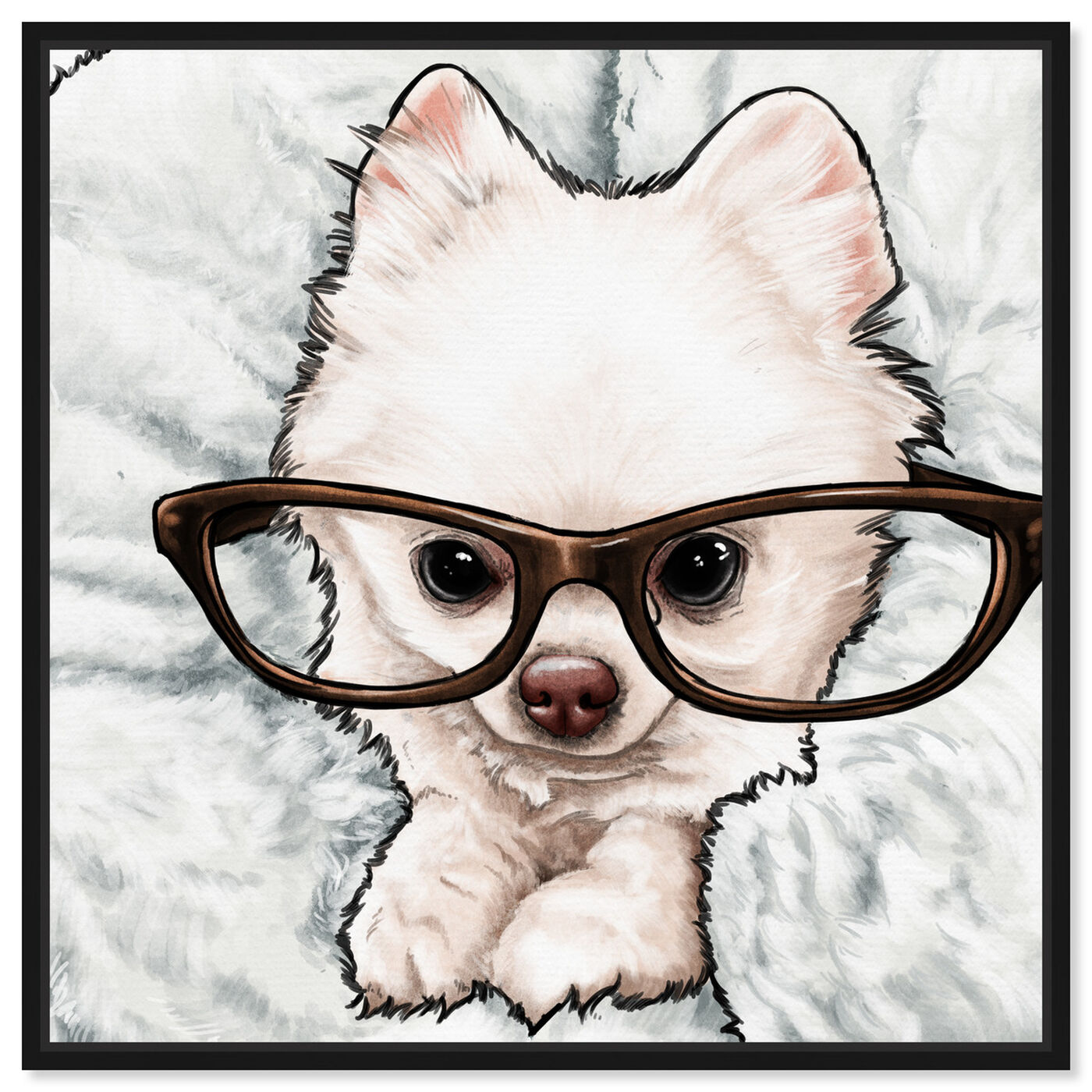 Front view of Glasses and Fluff featuring animals and dogs and puppies art.