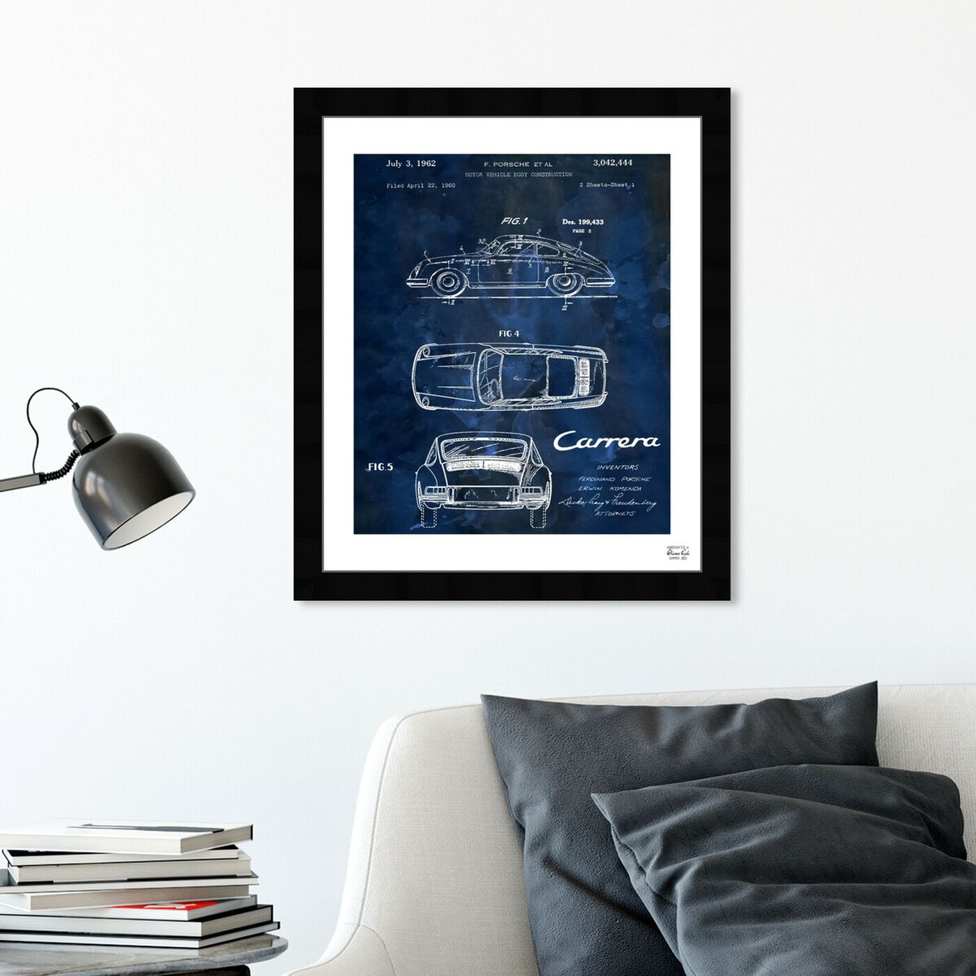 Hanging view of Carrera Porsche 1962 - Bleu featuring transportation and automobiles art.