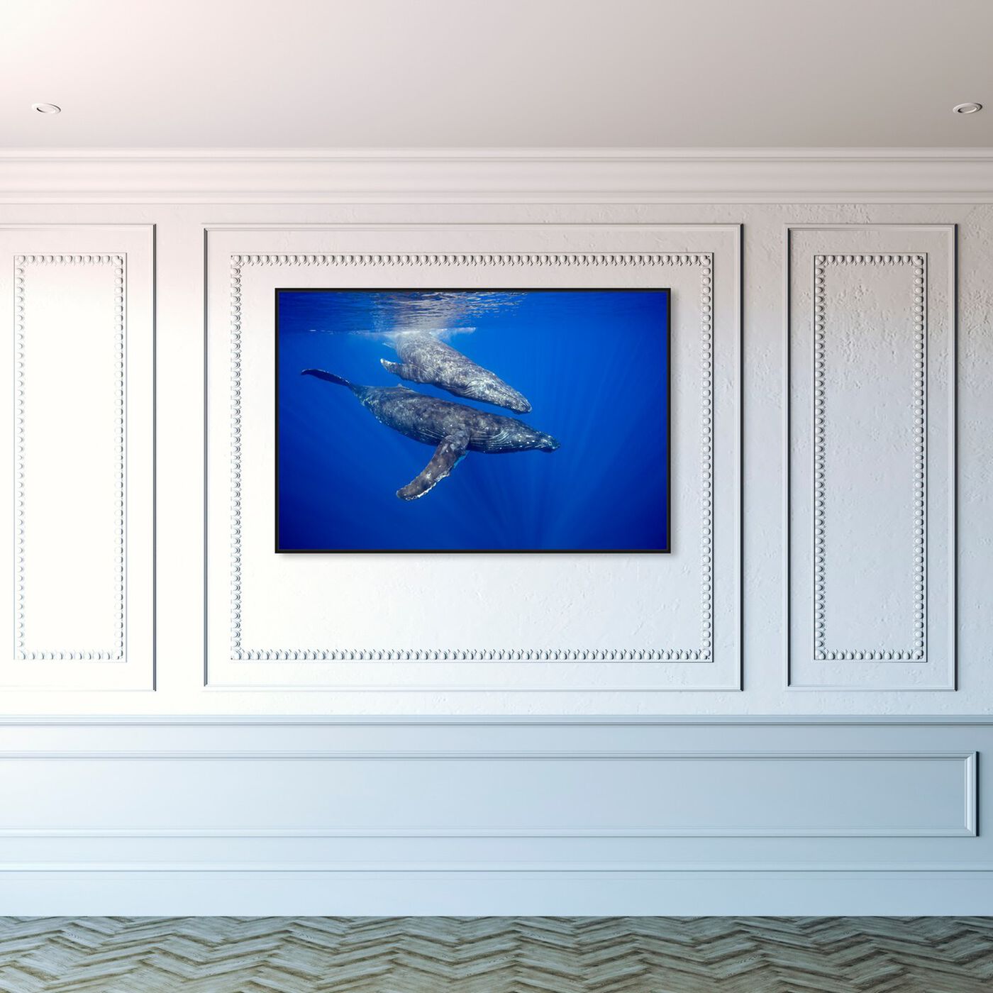 Hanging view of Humpback Whale Pair by David Fleetham featuring nautical and coastal and marine life art.
