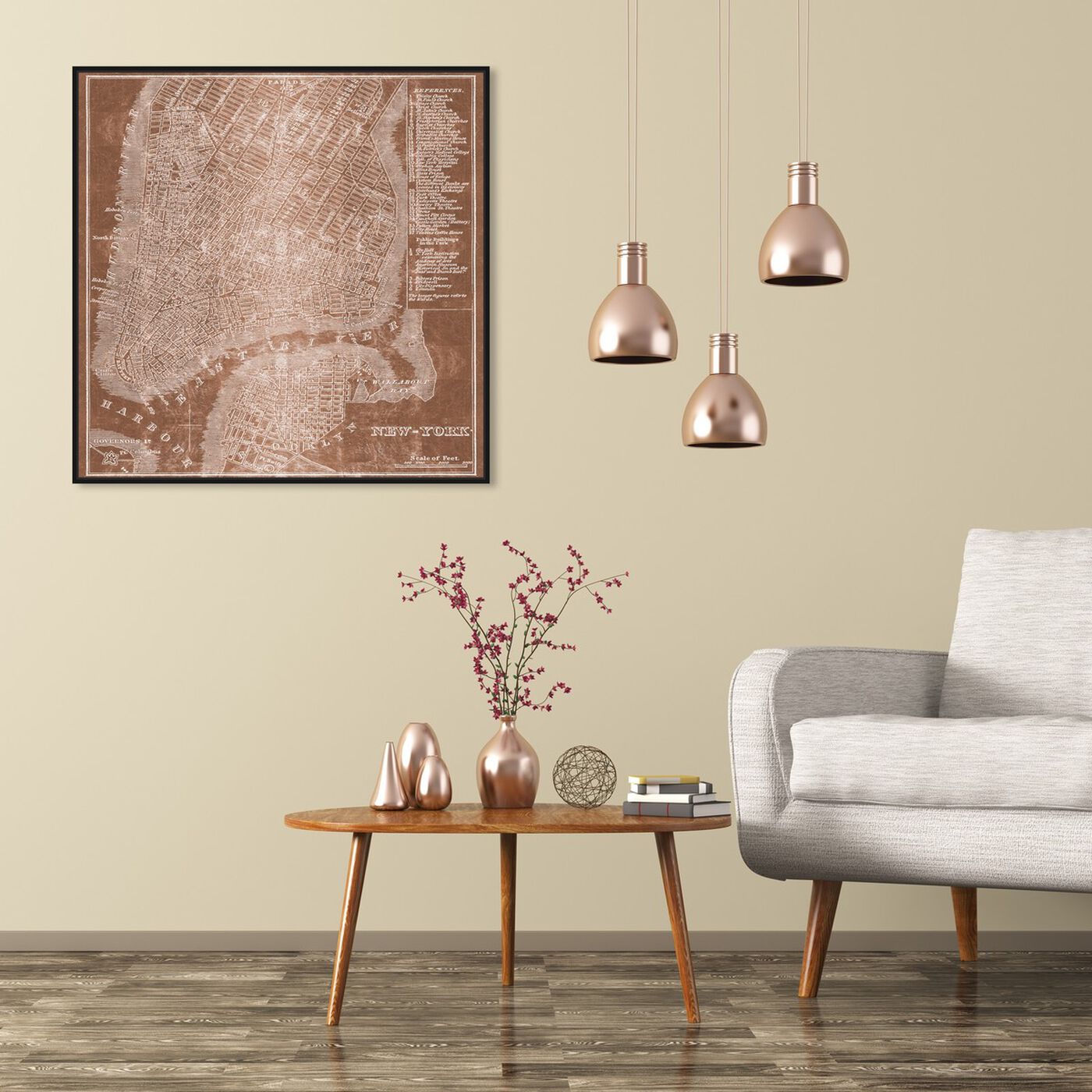 Hanging view of New York Map Copper featuring maps and flags and us cities maps art.