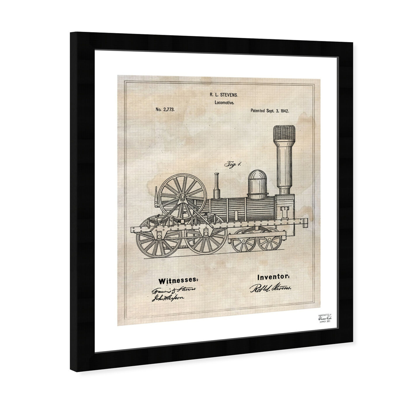 Angled view of Locomotive 1842 featuring transportation and trains art.