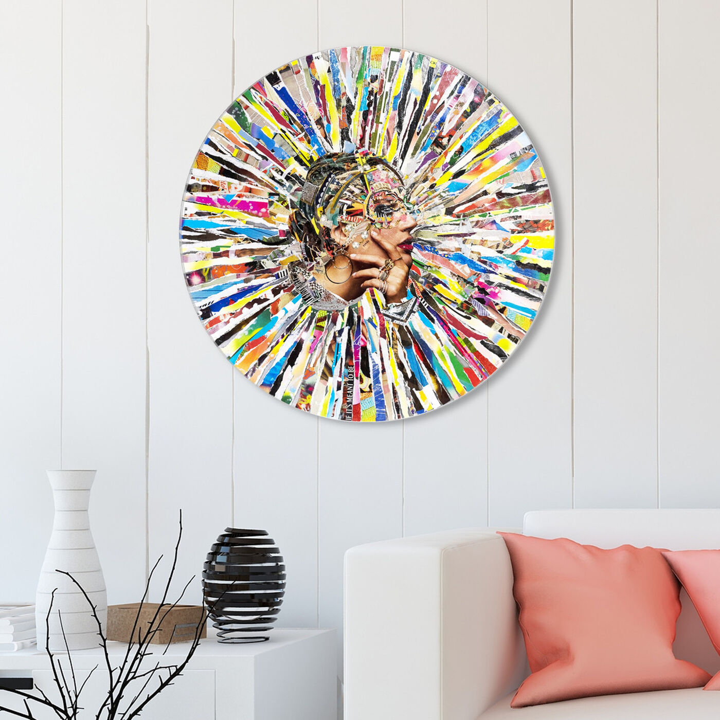 Hanging view of Katy Hirschfeld - Radiant Thoughts Round featuring fashion and glam and portraits art.