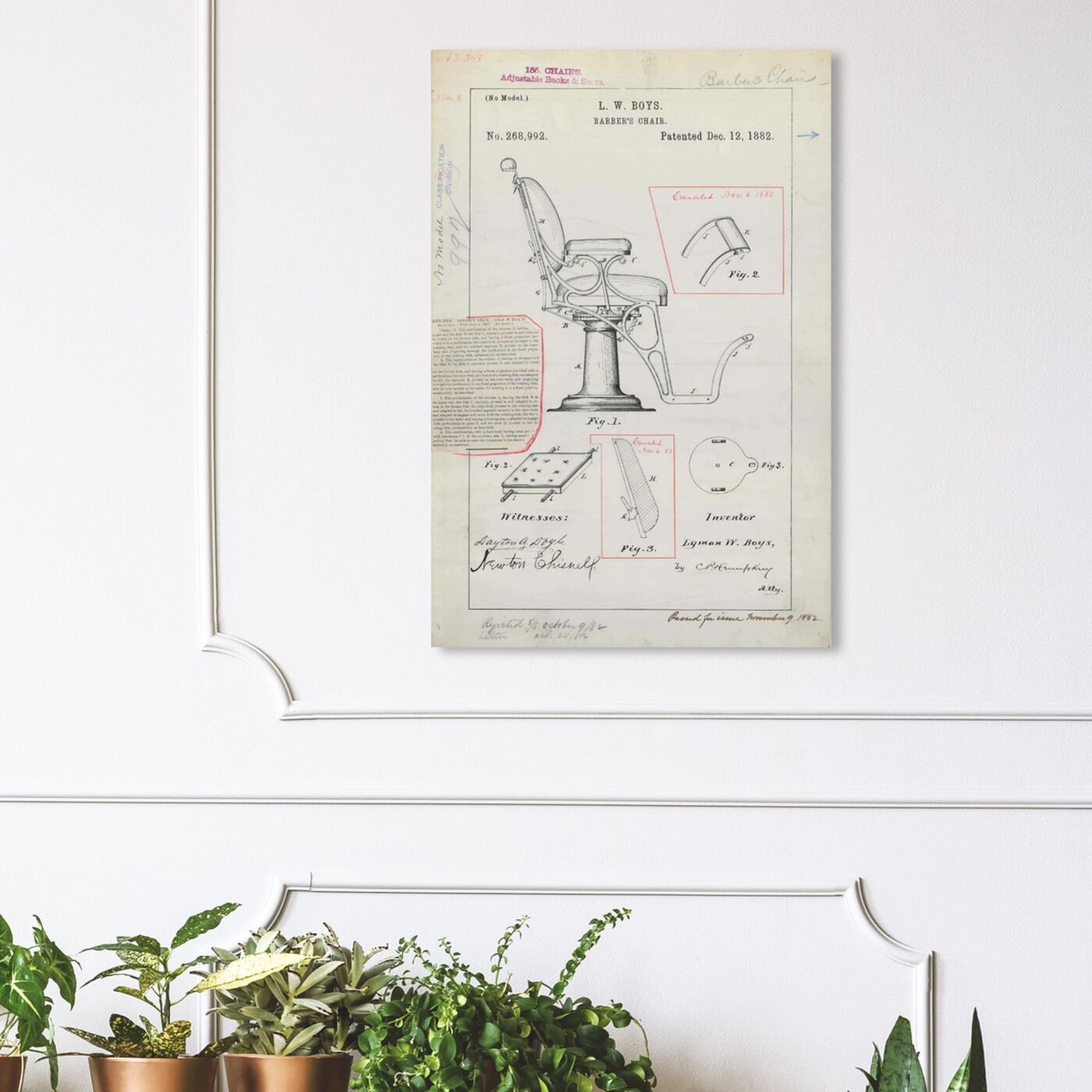 Hanging view of Barber Chair Patent 1882 featuring bath and laundry and barber art.