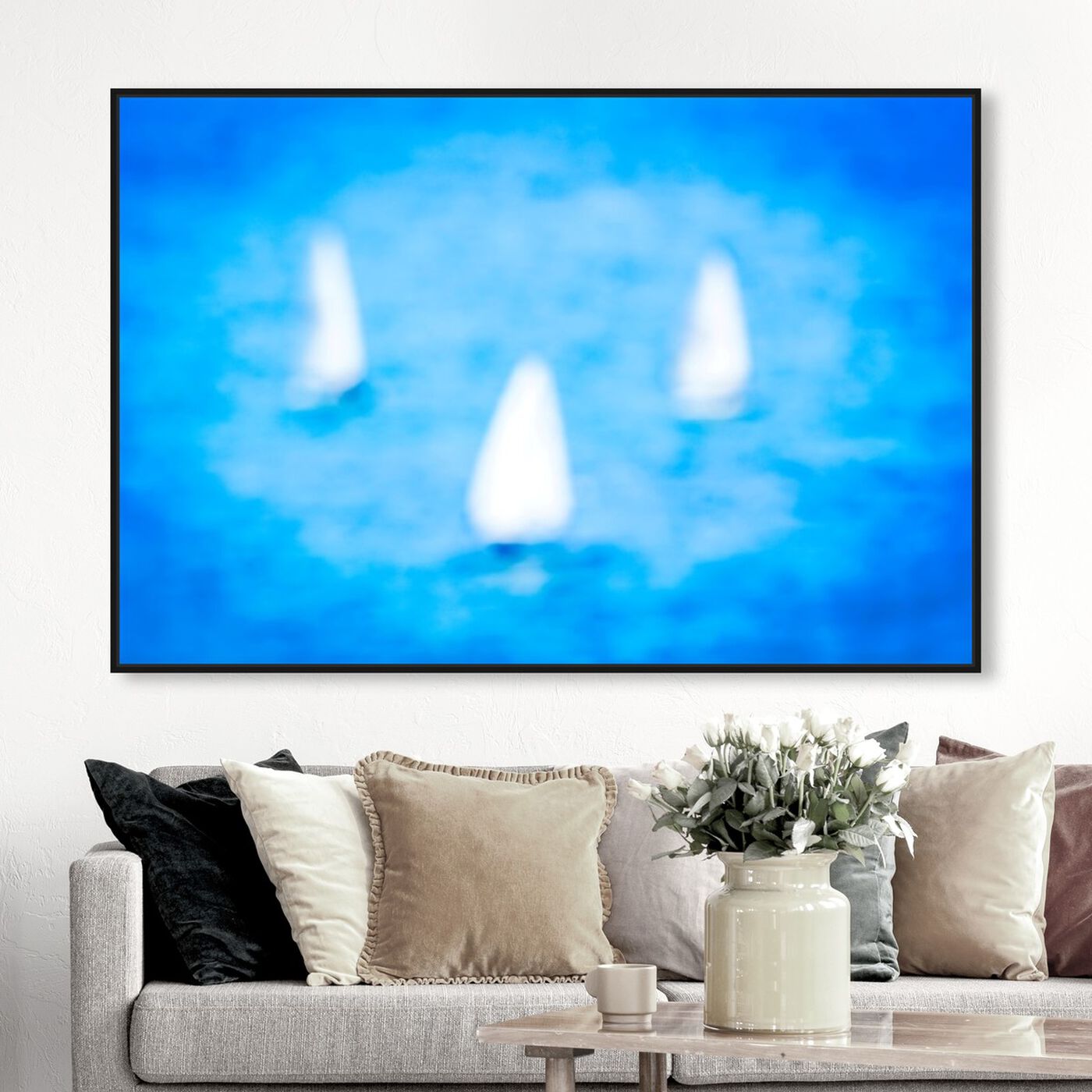Hanging view of 3 Sailboats featuring nautical and coastal and nautical watercrafts art.