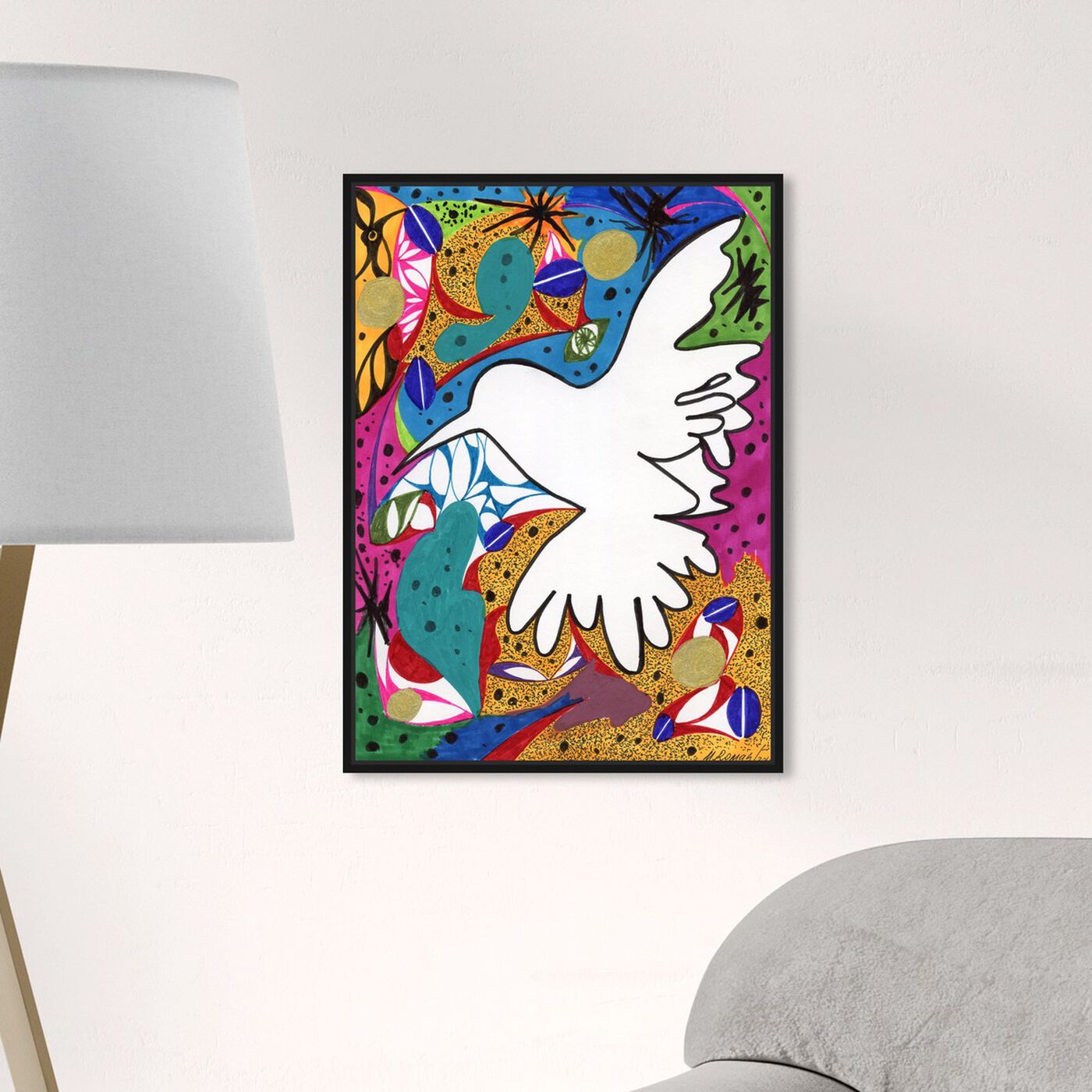 Hanging view of Hummingbird of Peace featuring abstract and shapes art.